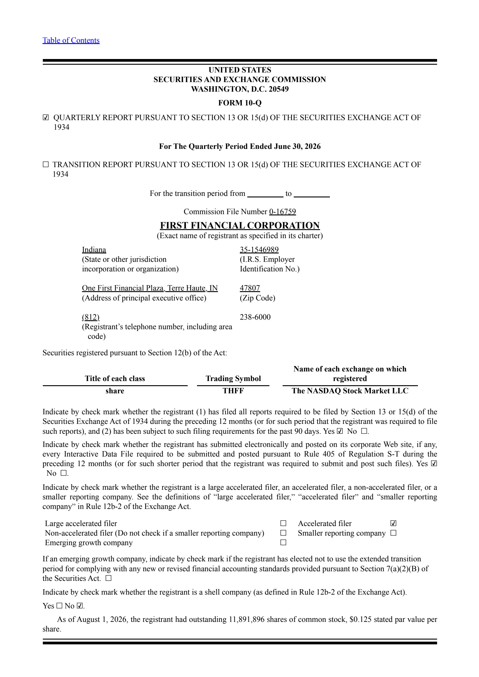 First Financial Corporation Indiana's Q2 2026 Quarterly report