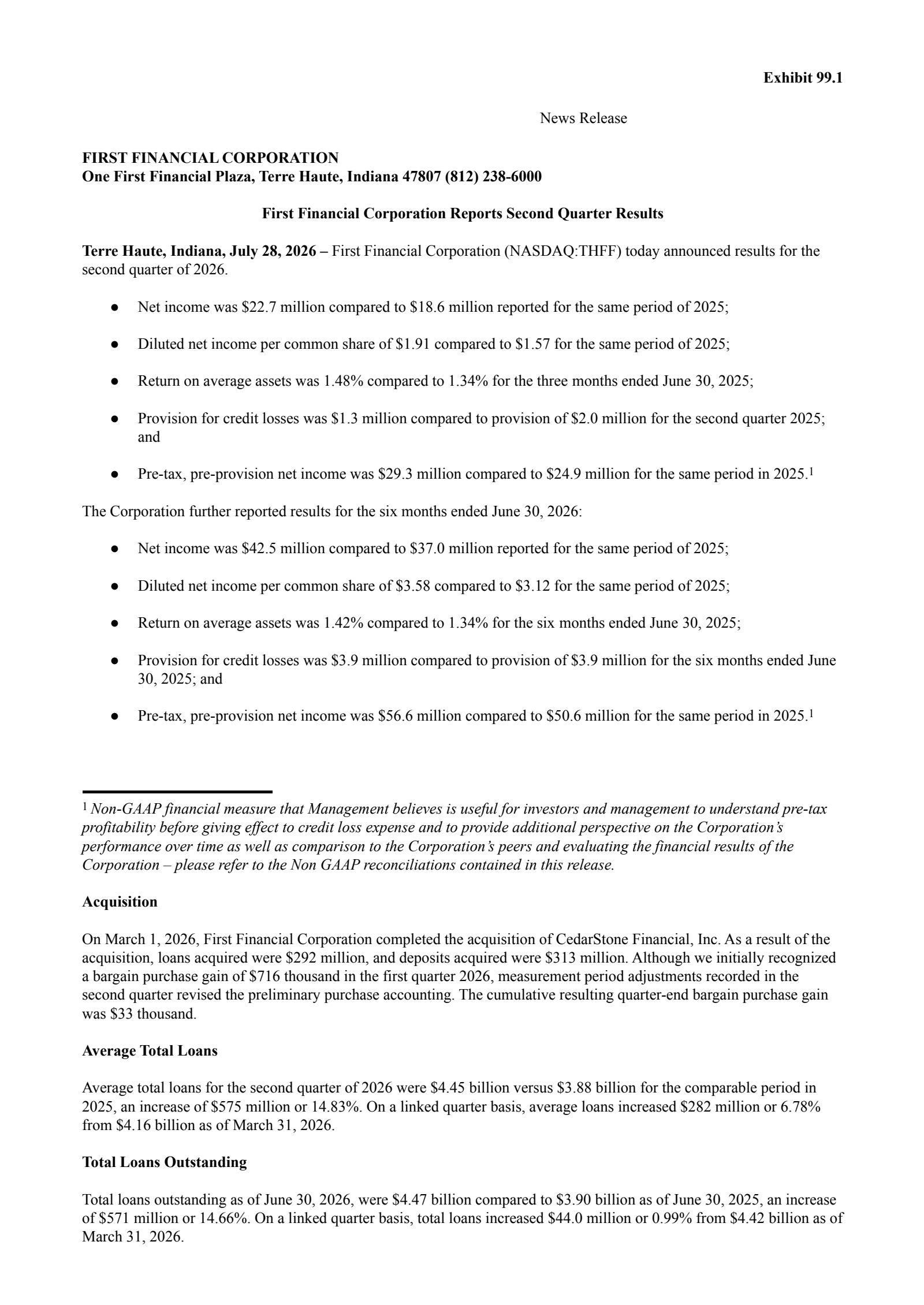 First Financial Corporation Indiana's Q2 2026 Press Release