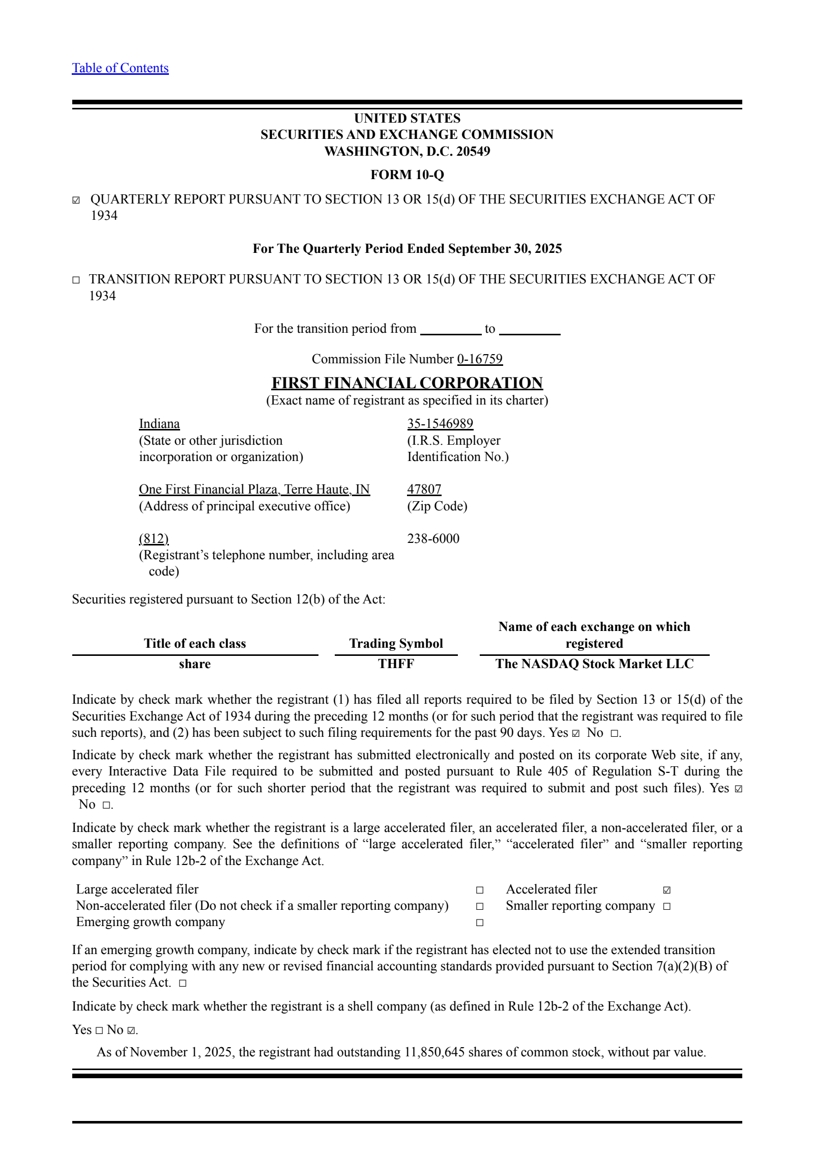 First Financial Corporation Indiana's Q3 2025 Quarterly Report