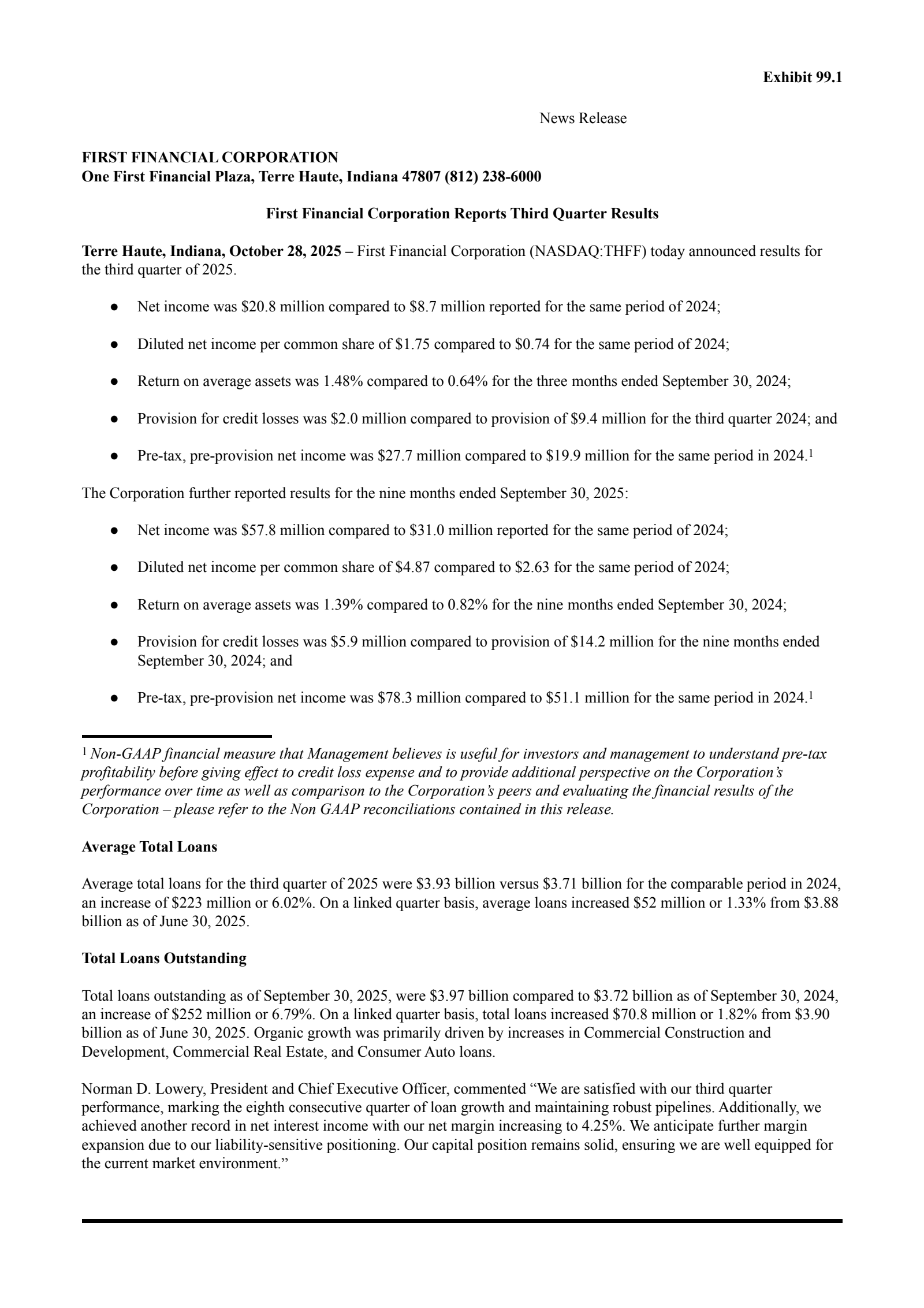 First Financial Corporation Indiana's Q3 2025 Earnings Release