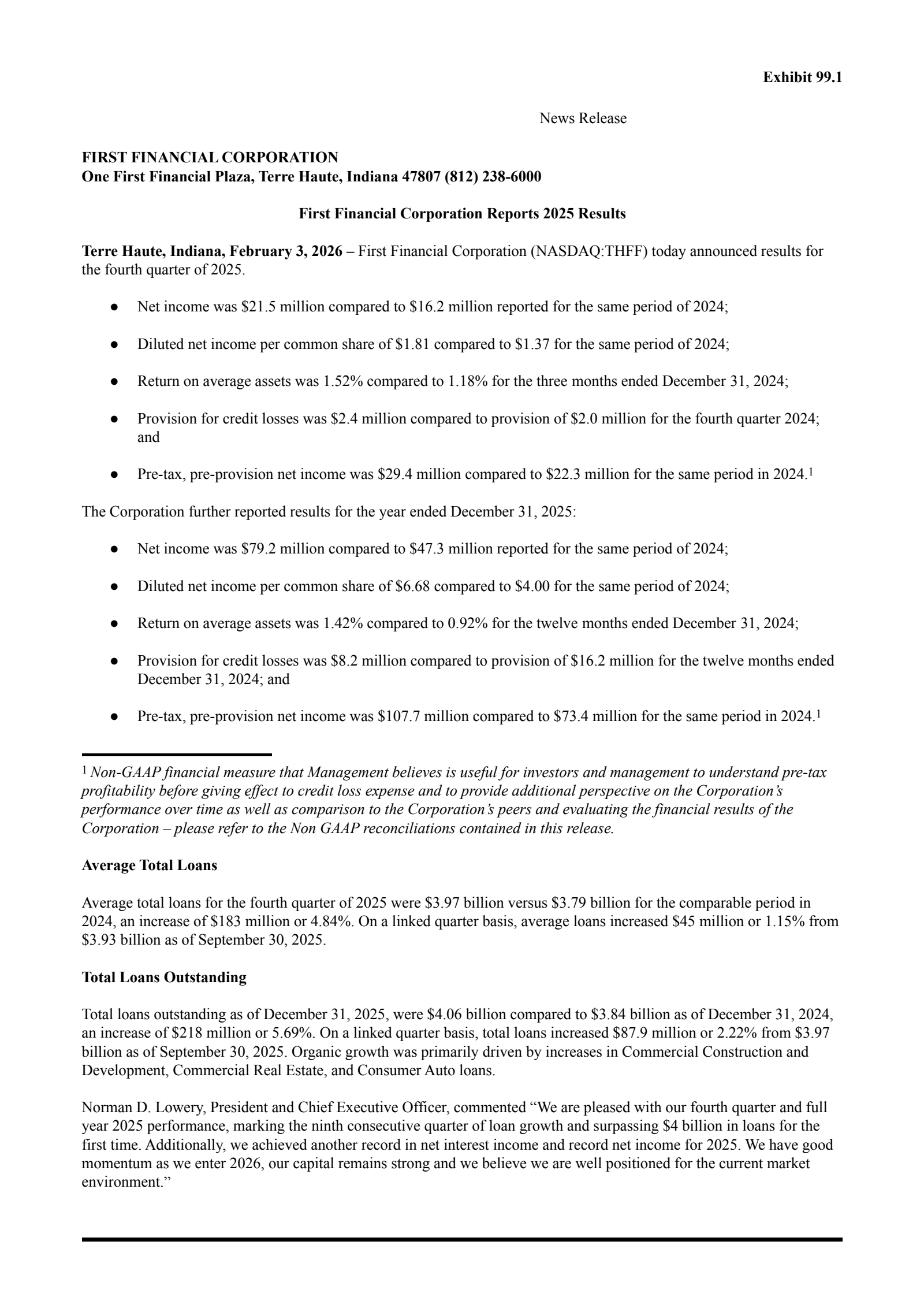 First Financial Corporation Indiana's Q4 2025 Press Release