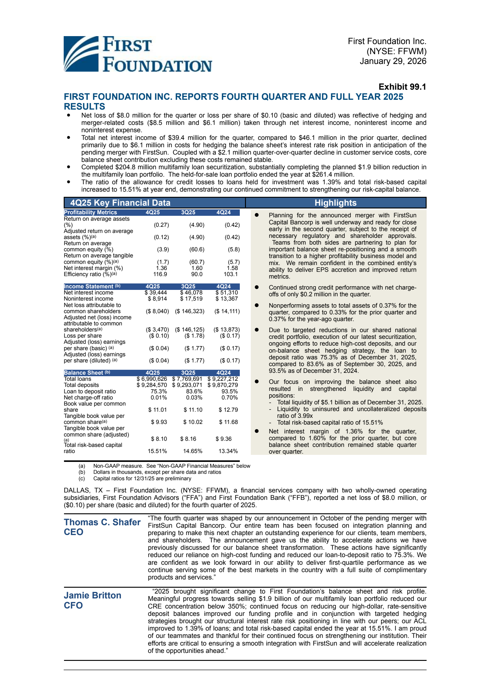 First Foundation's Q4 2025 Press Release