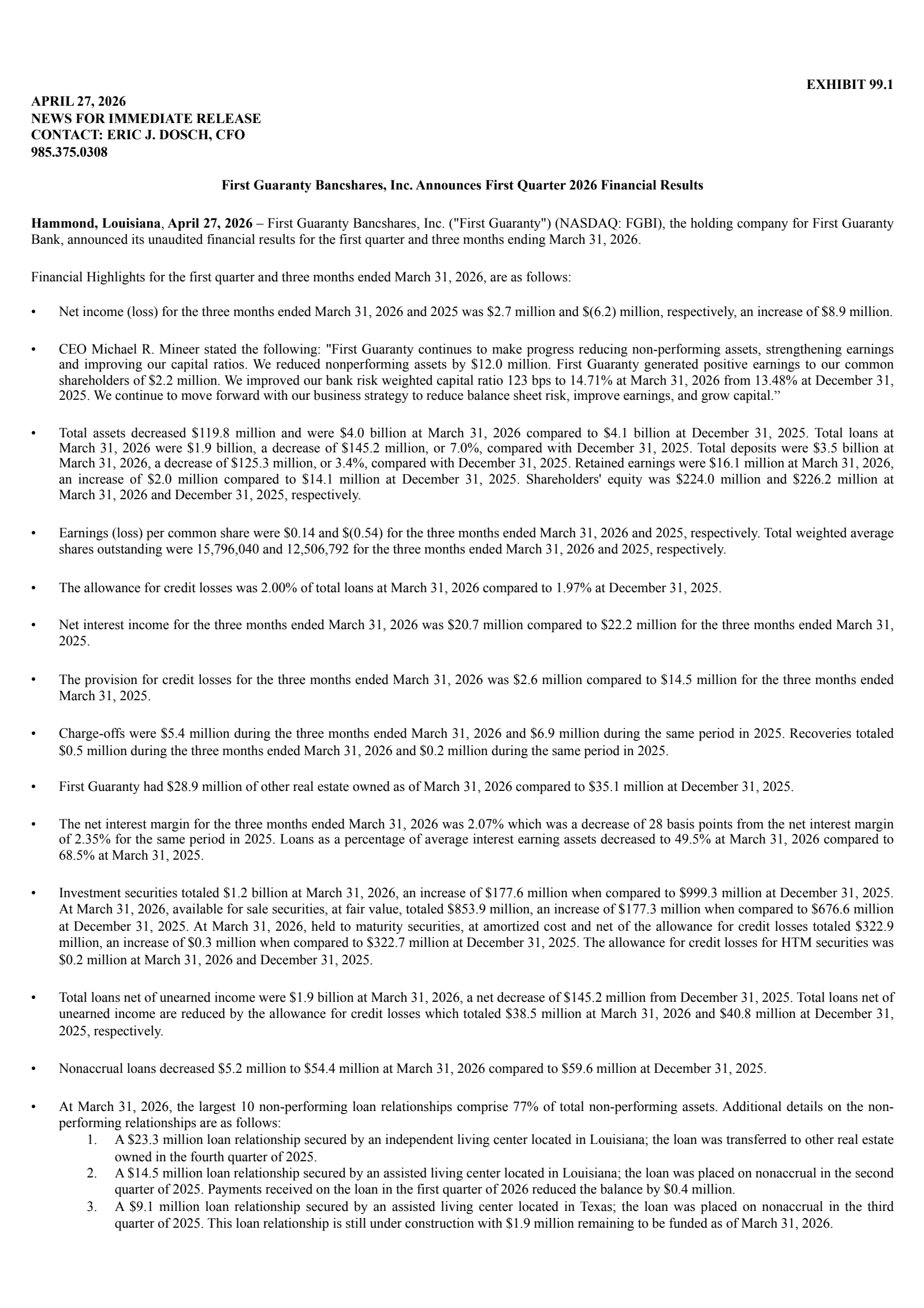 First Guaranty Bancshares' Q1 2026 Press Release