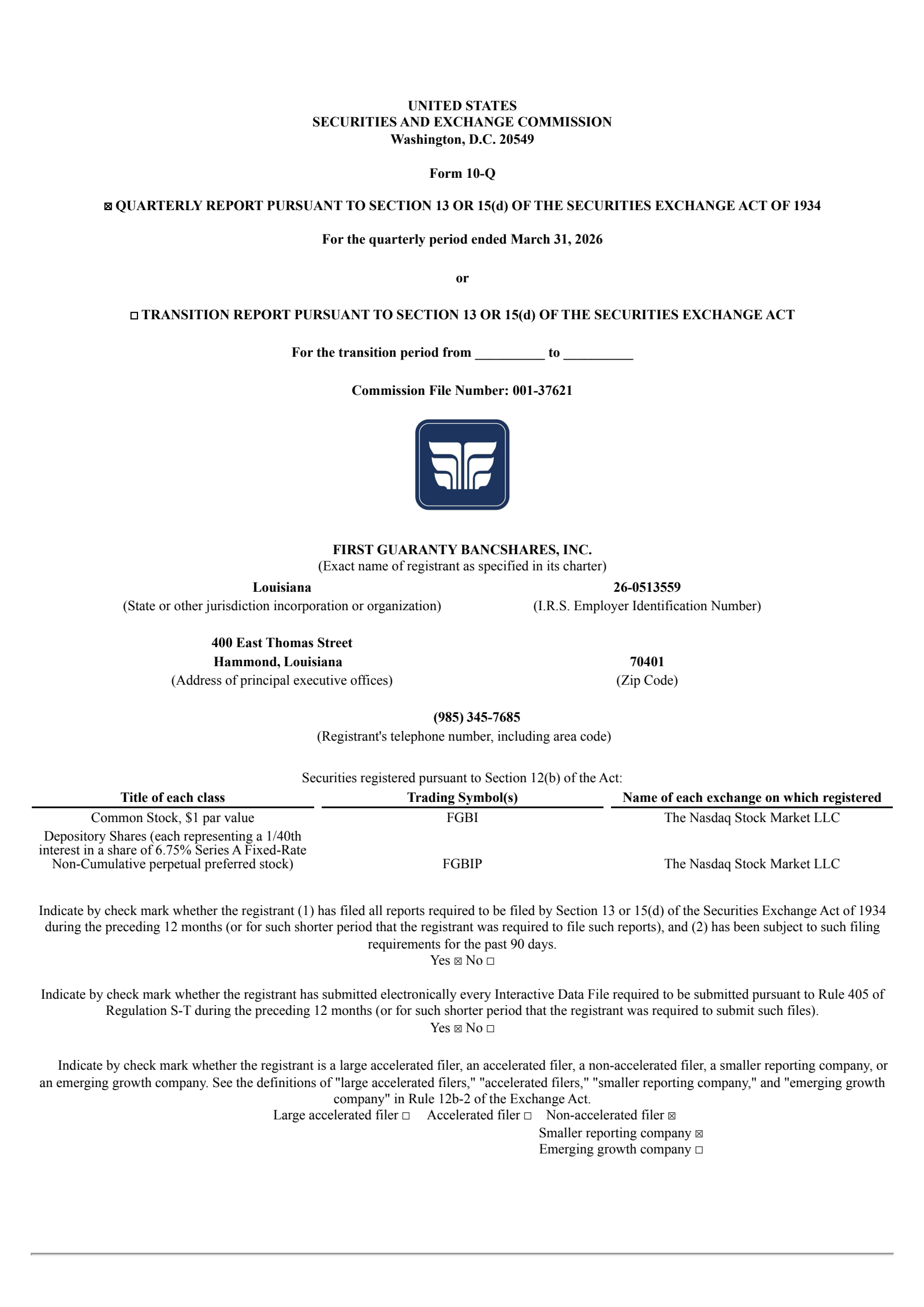First Guaranty Bancshares' Q1 2026 Quarterly report