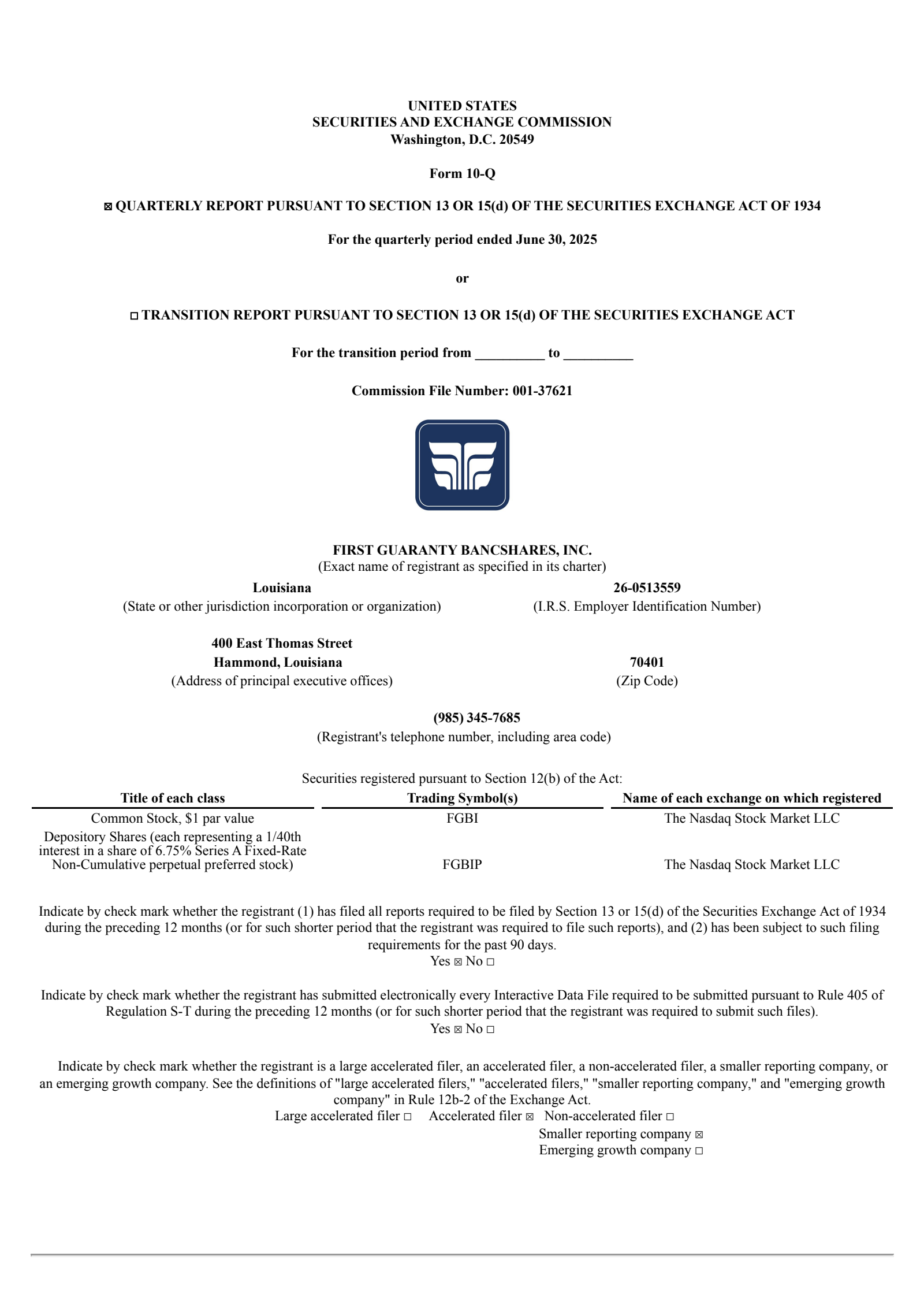 First Guaranty Bancshares' Q2 2025 Quarterly report