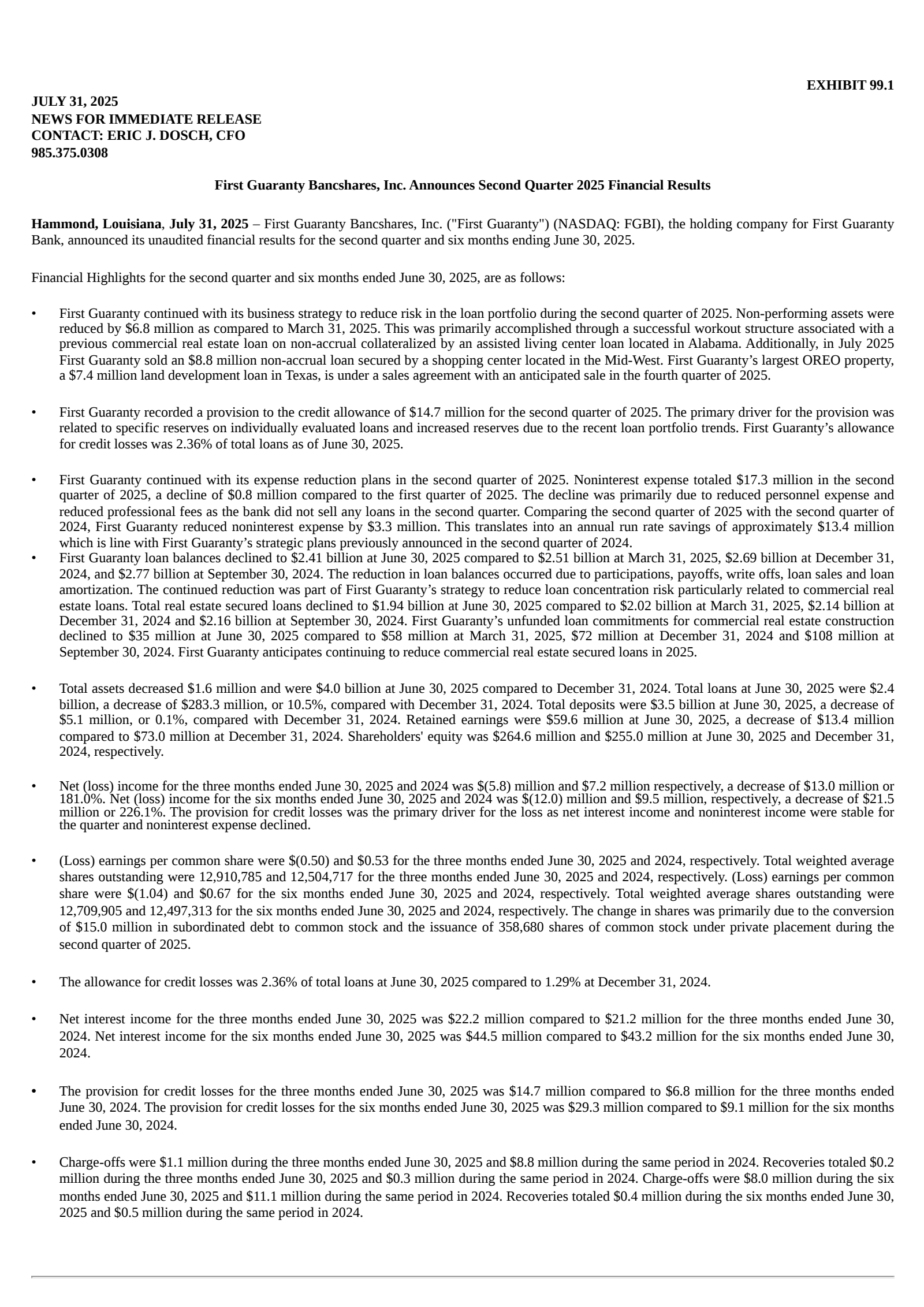 First Guaranty Bancshares' Q2 2025 Press Release