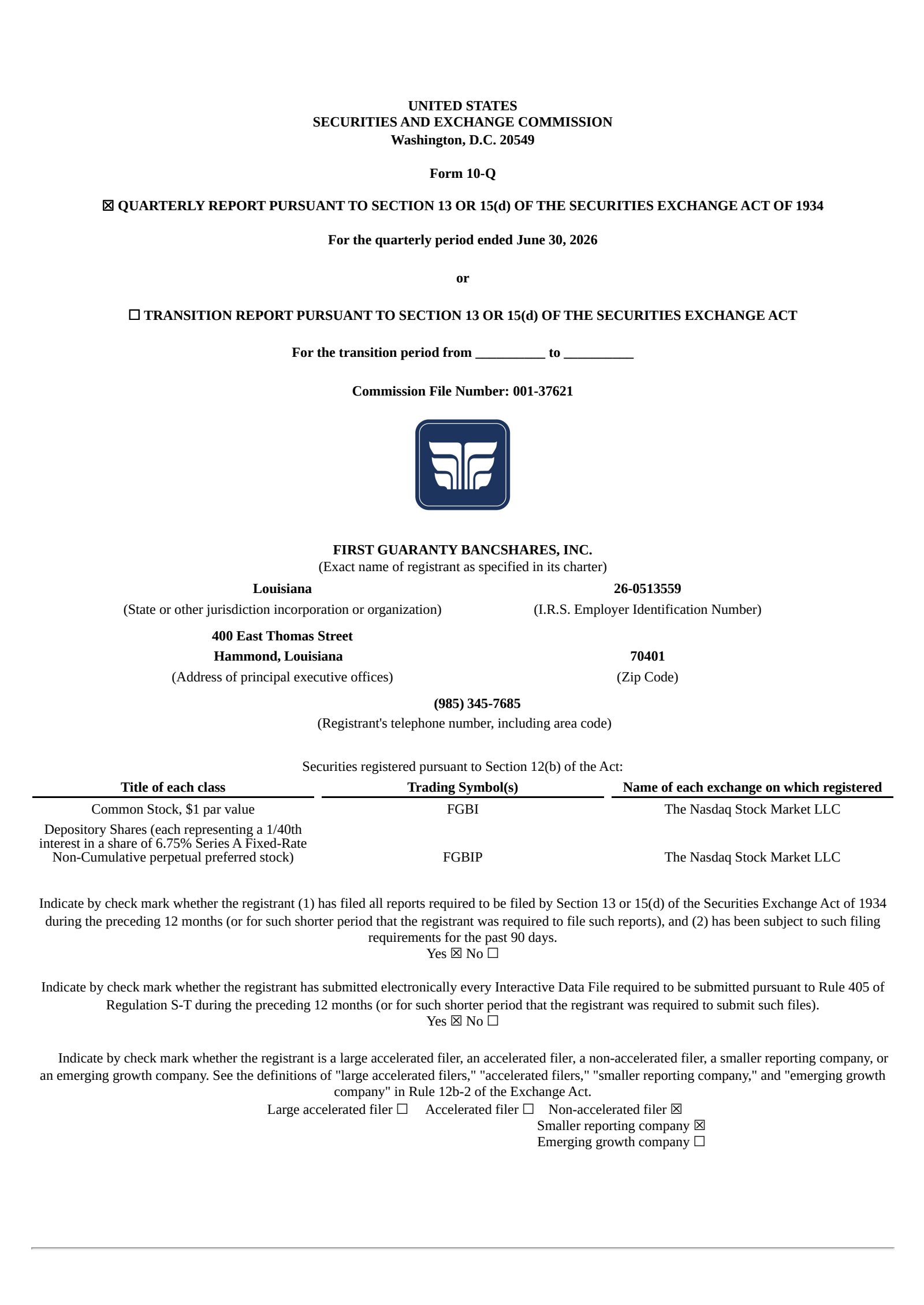 First Guaranty Bancshares' Q2 2026 Quarterly report