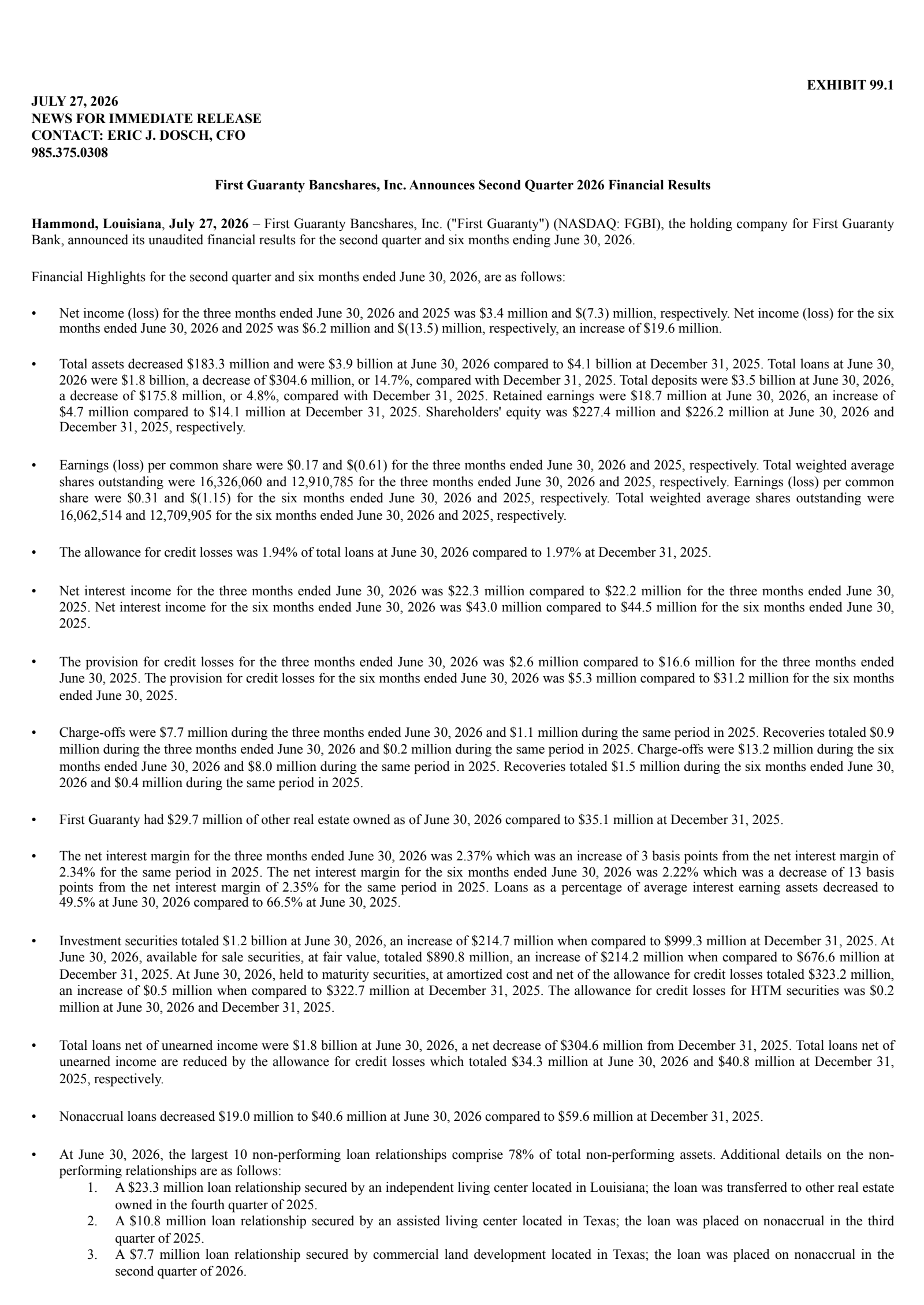 First Guaranty Bancshares' Q2 2026 Press Release