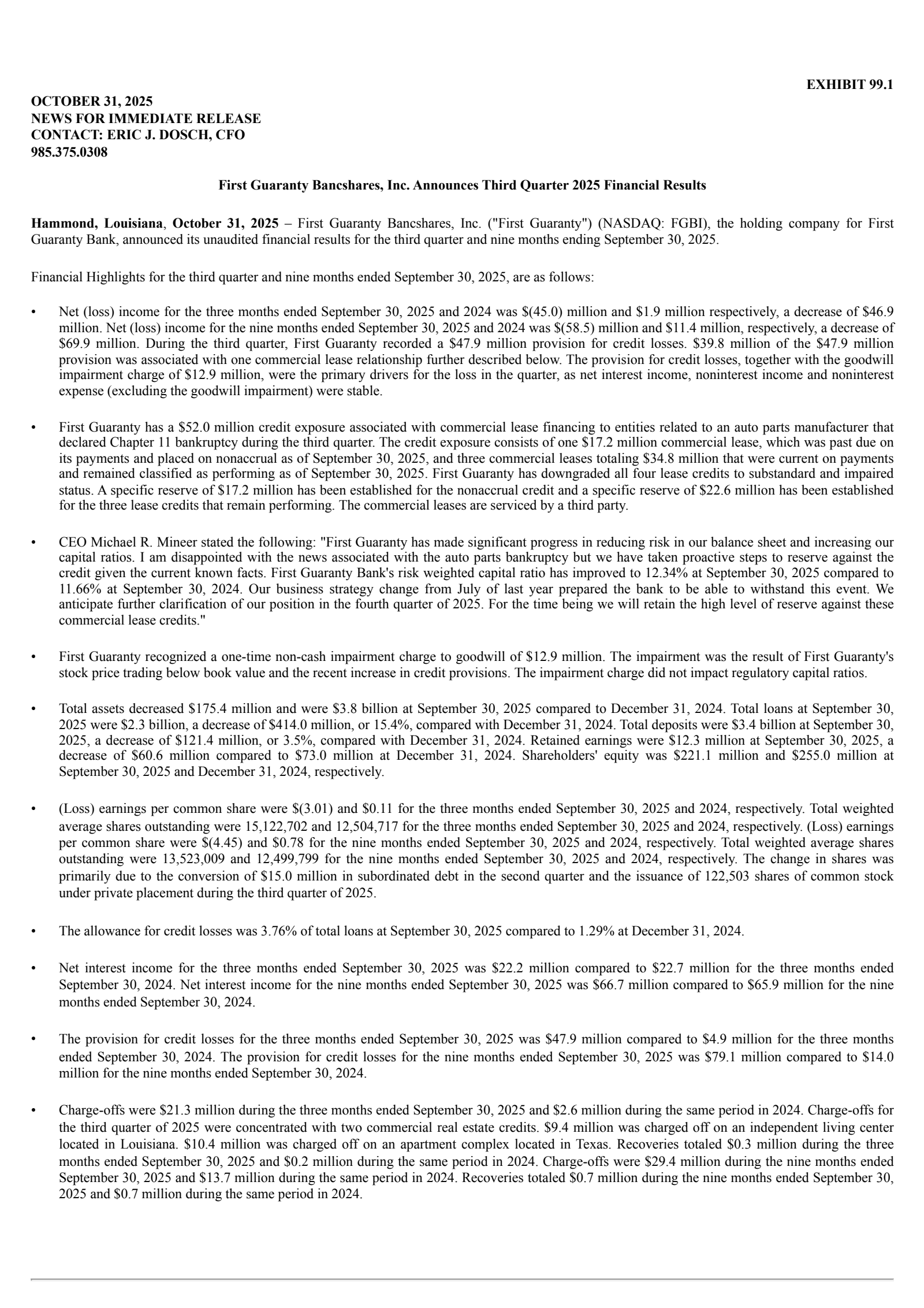 First Guaranty Bancshares' Q3 2025 Earnings Release