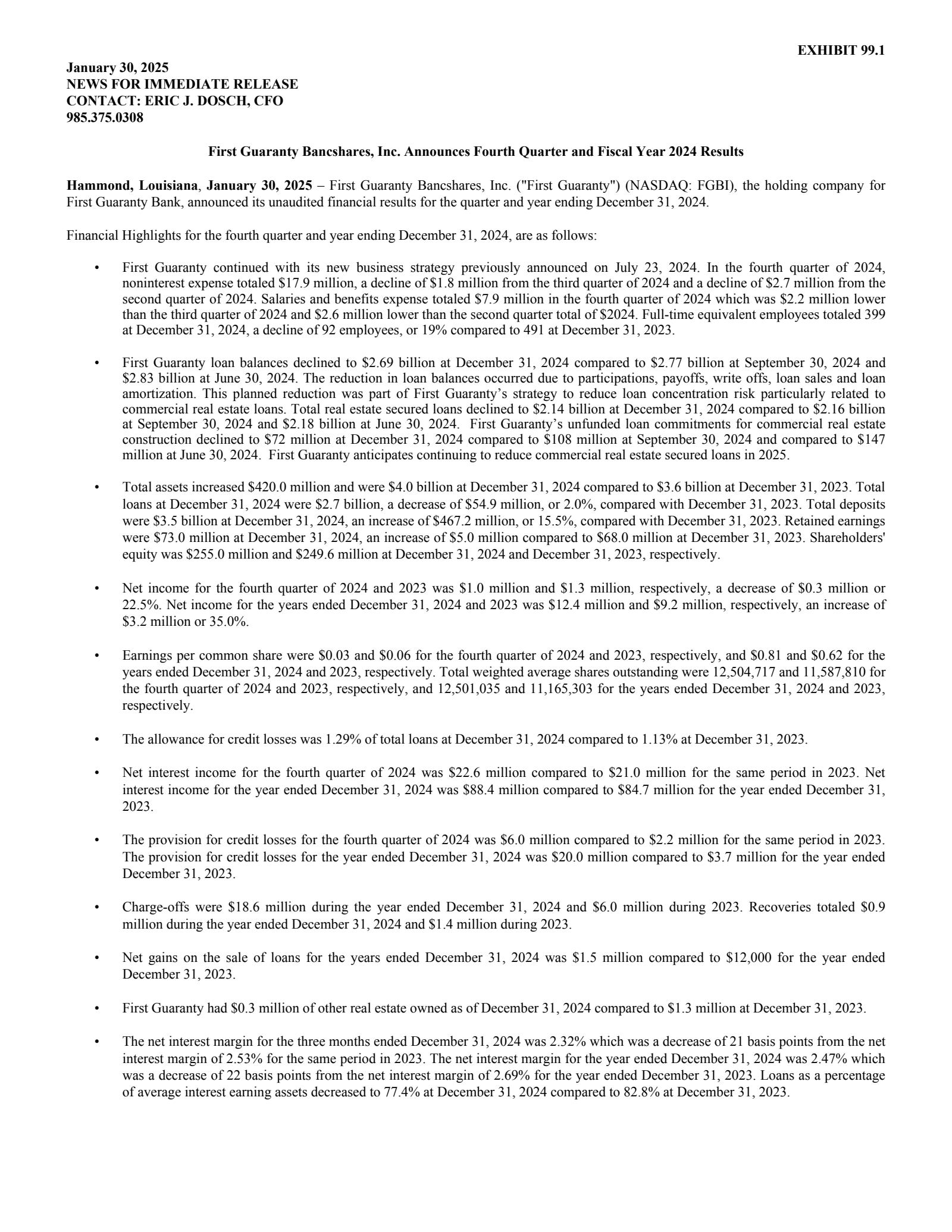 First Guaranty Bancshares' Q4 2024 Press Release