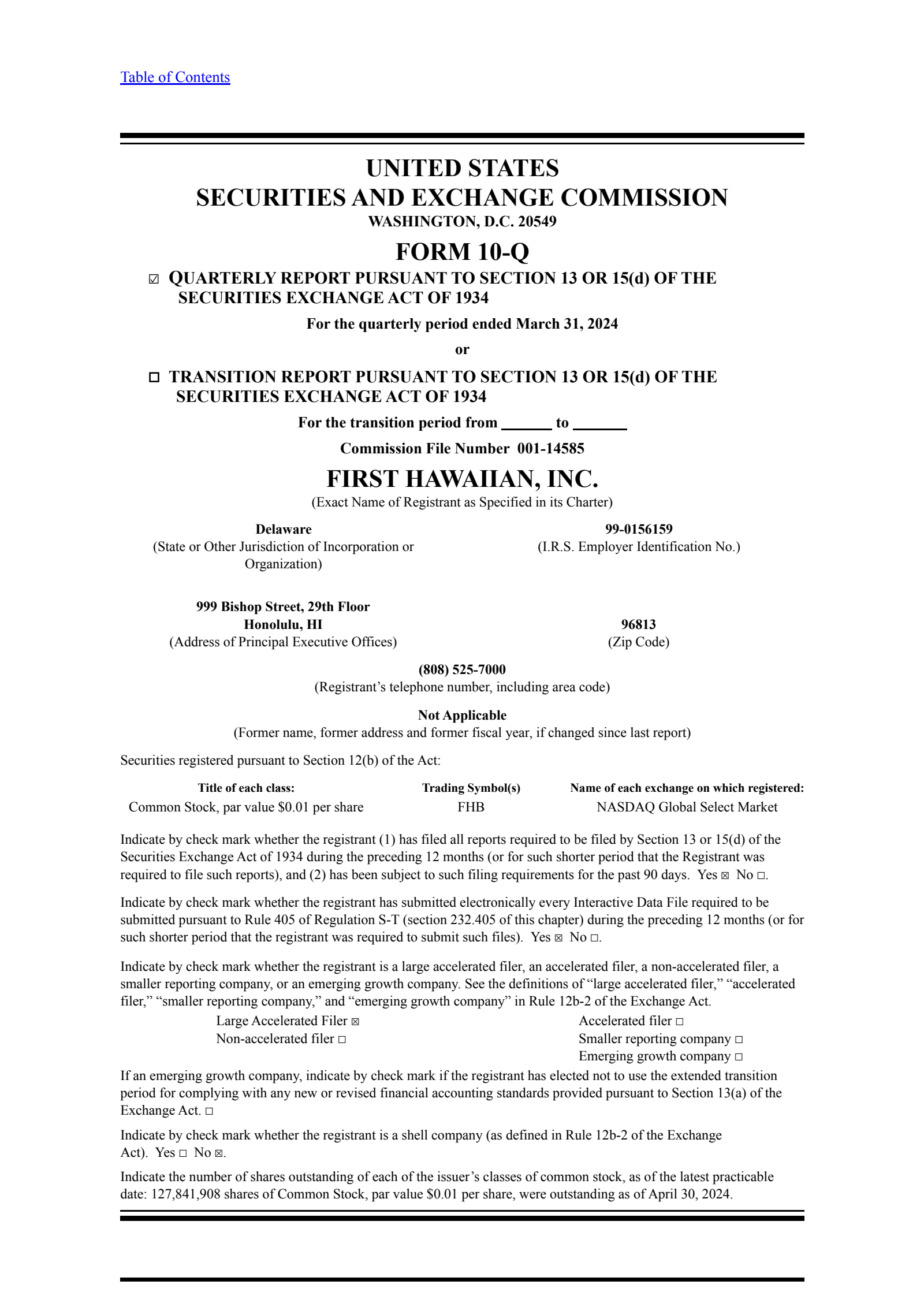 First Hawaiian's Q1 2024 Quarterly report