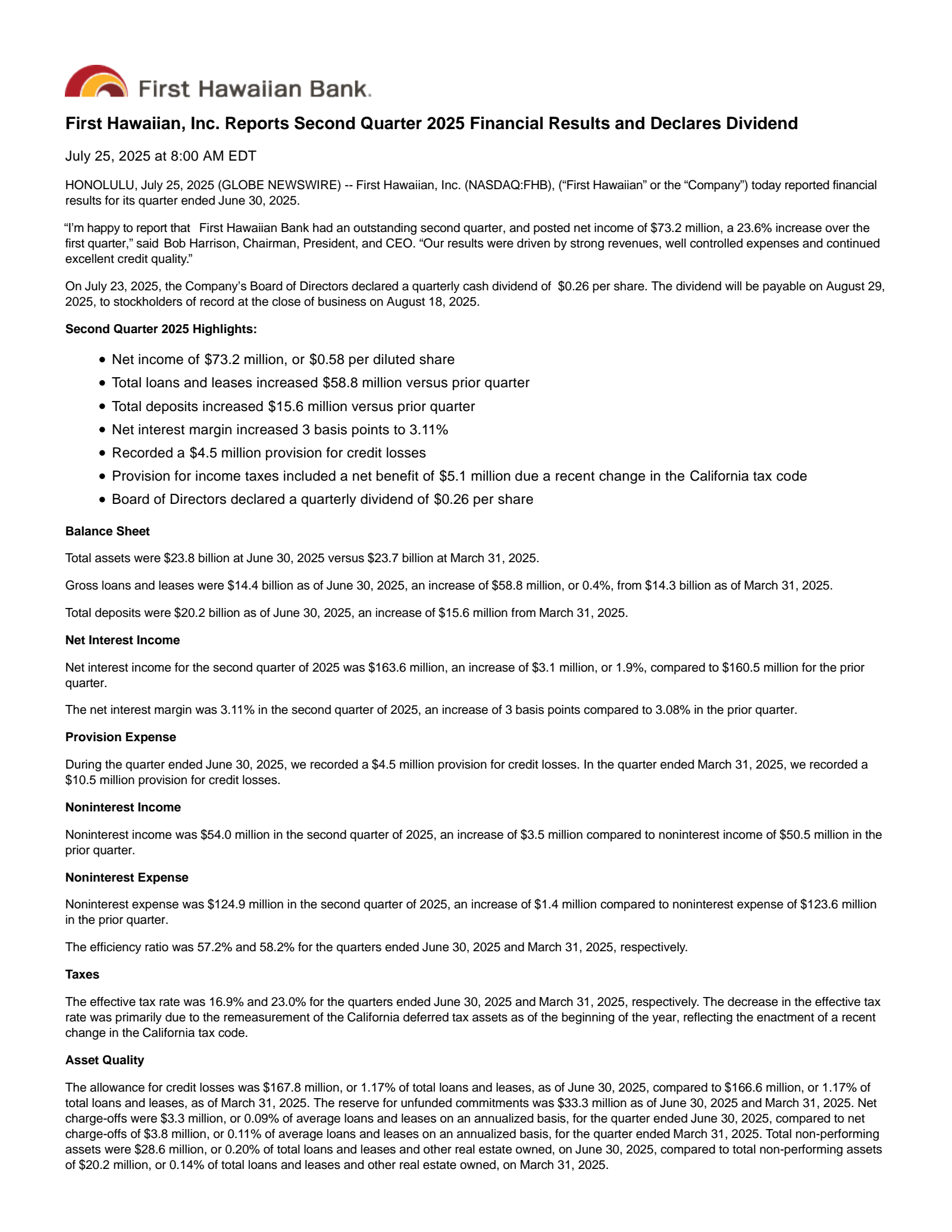 First Hawaiian's Q2 2025 Press Release