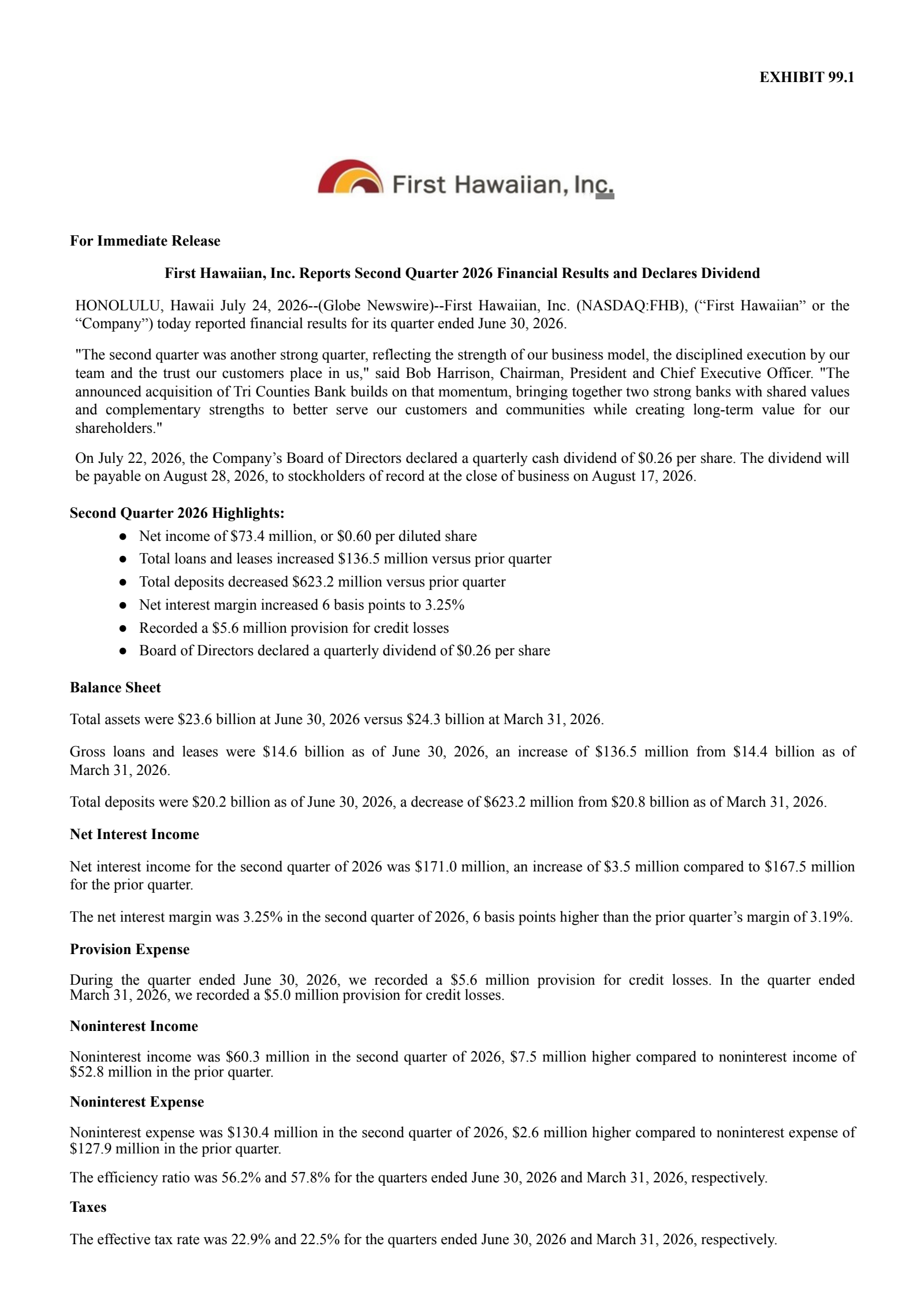 First Hawaiian's Q2 2026 Press Release