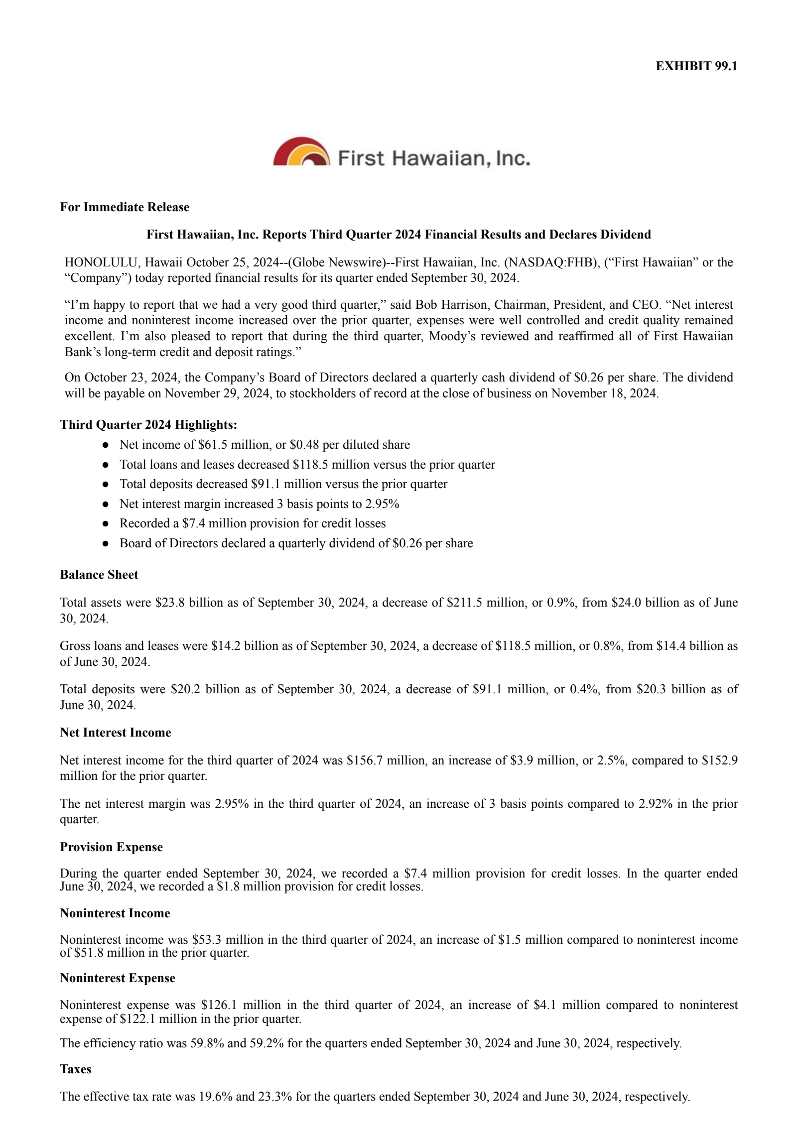 First Hawaiian's Q3 2024 Press Release