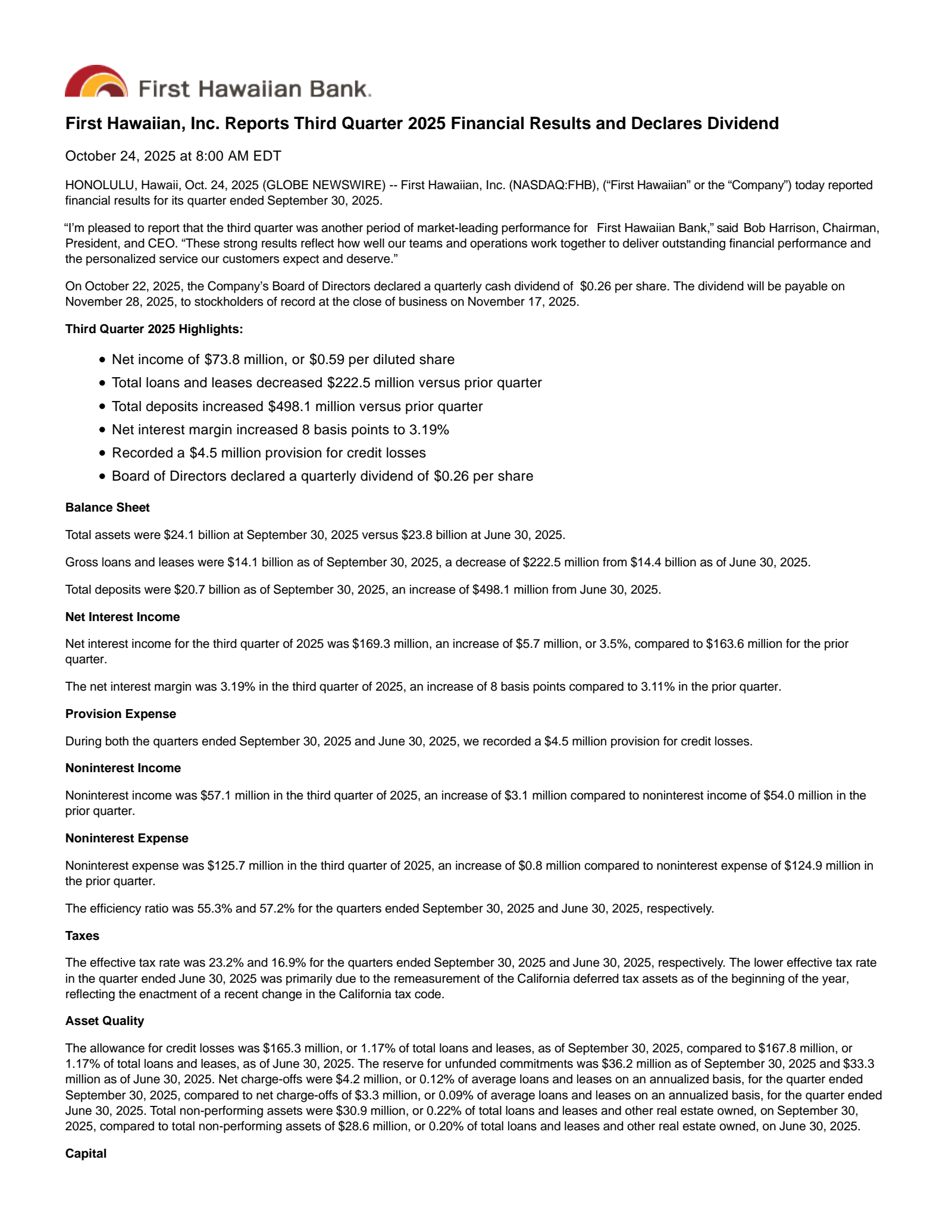 First Hawaiian's Q3 2025 Earnings Release