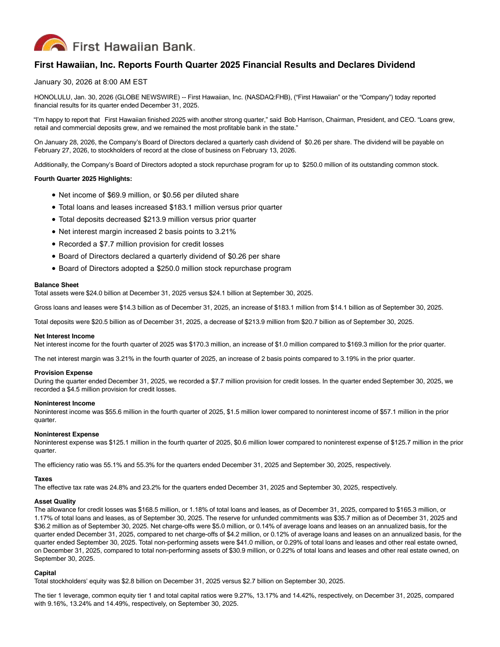 First Hawaiian's Q4 2025 Press Release