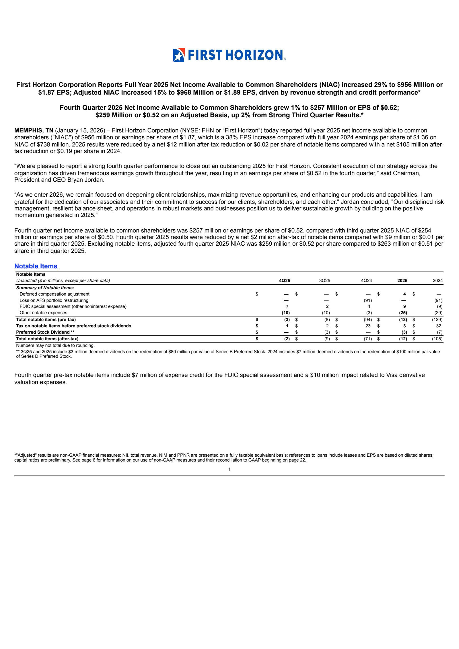 First Horizon's Q4 2025 Press Release