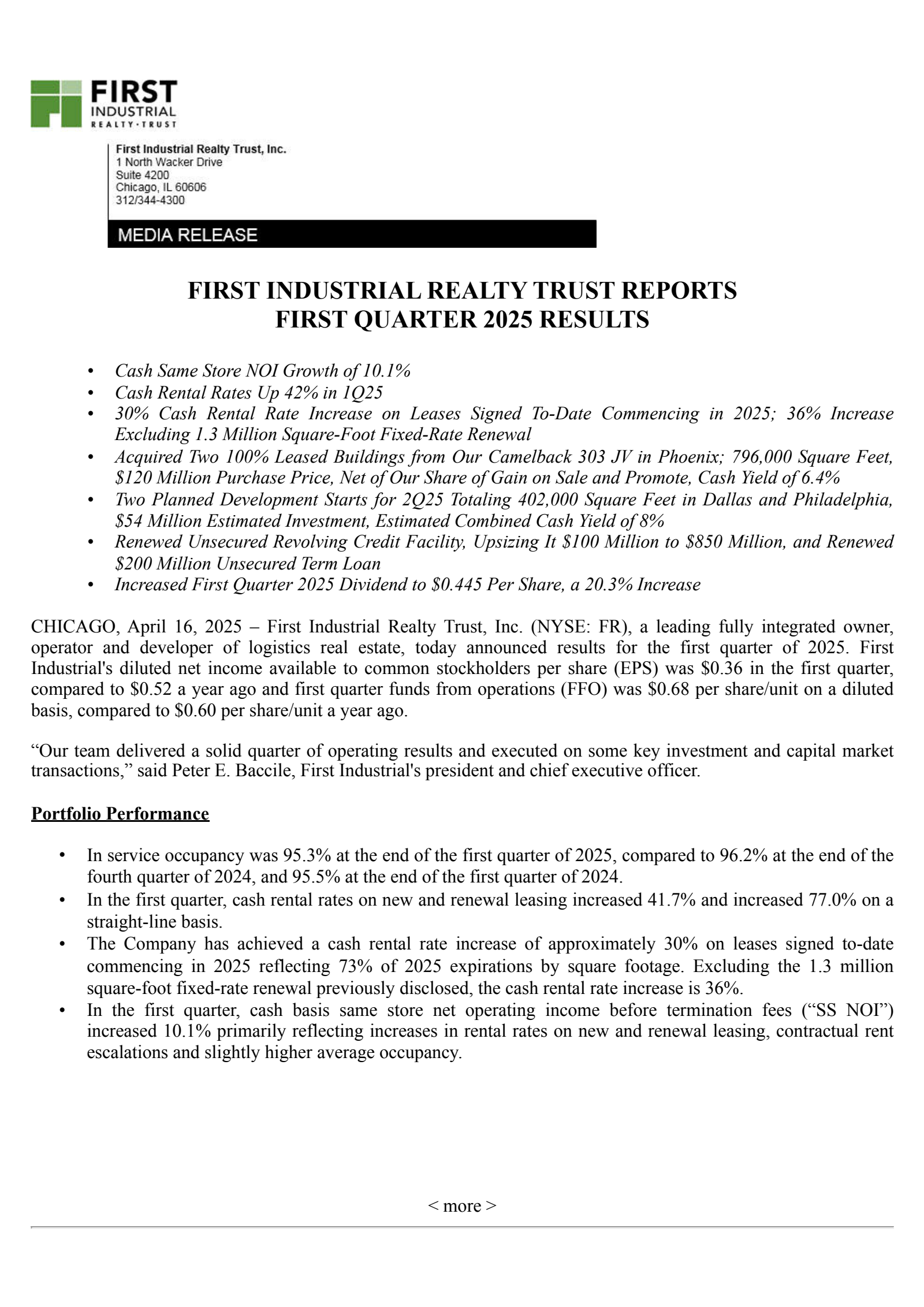 First Industrial Realty Trust's Q1 2025 Press Release