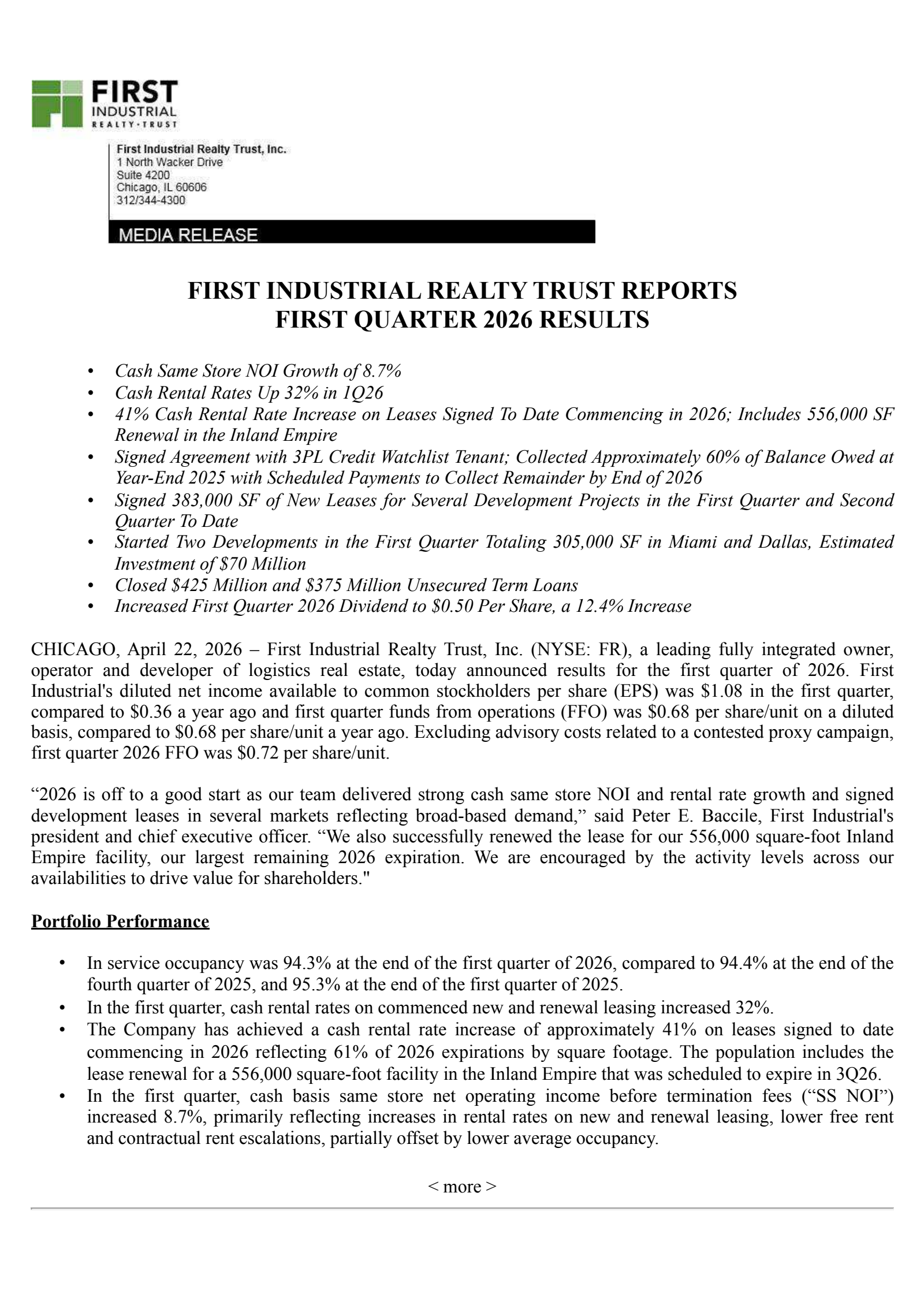 First Industrial Realty Trust's Q1 2026 Press Release