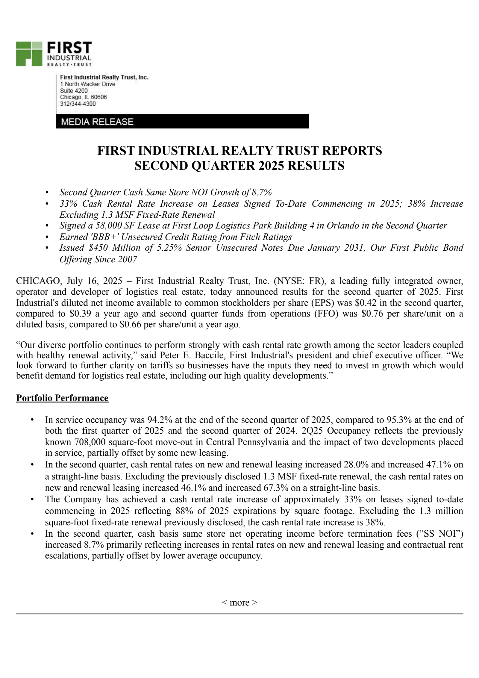 First Industrial Realty Trust's Q2 2025 Press Release