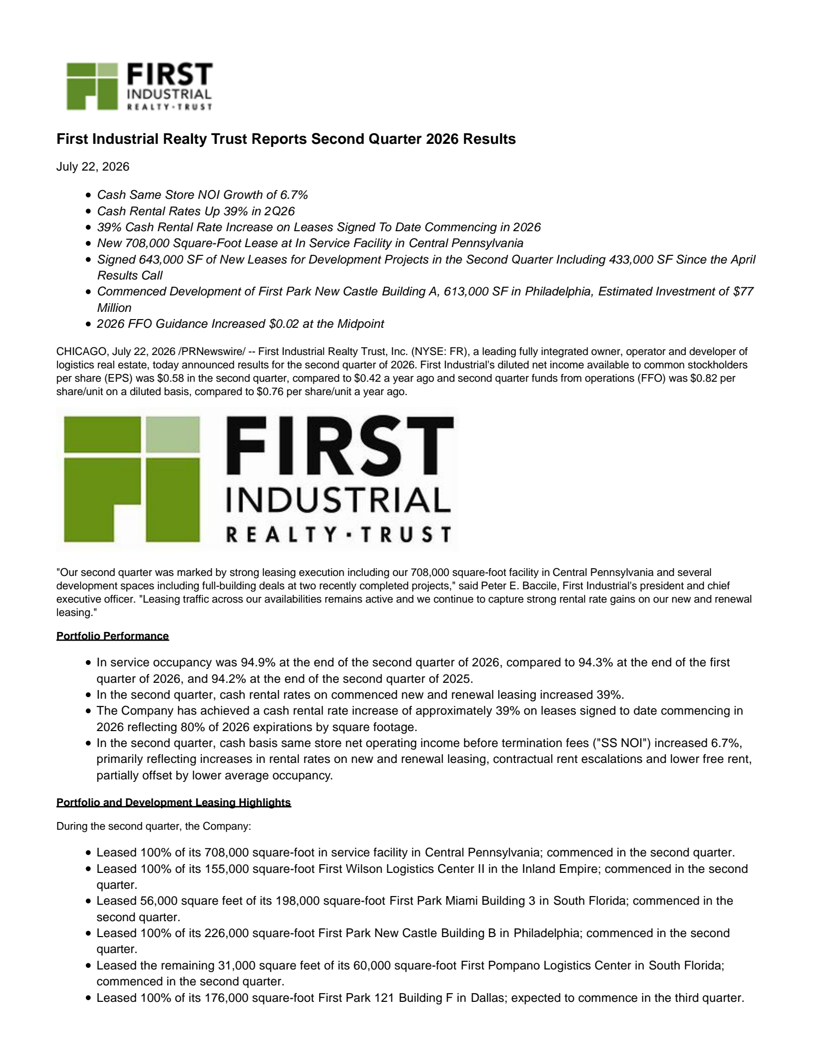 First Industrial Realty Trust's Q2 2026 Press Release