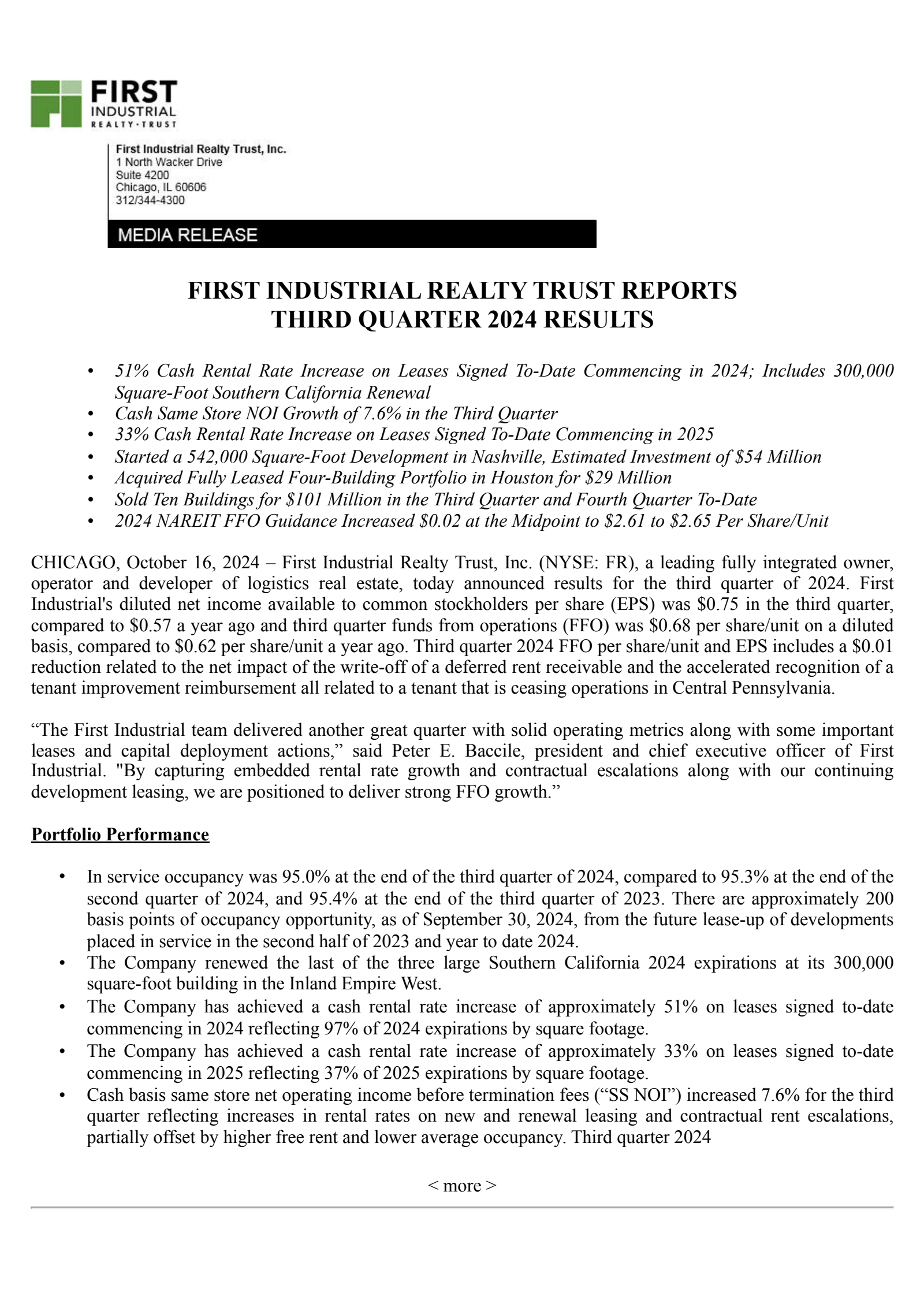 First Industrial Realty Trust's Q3 2024 Press Release
