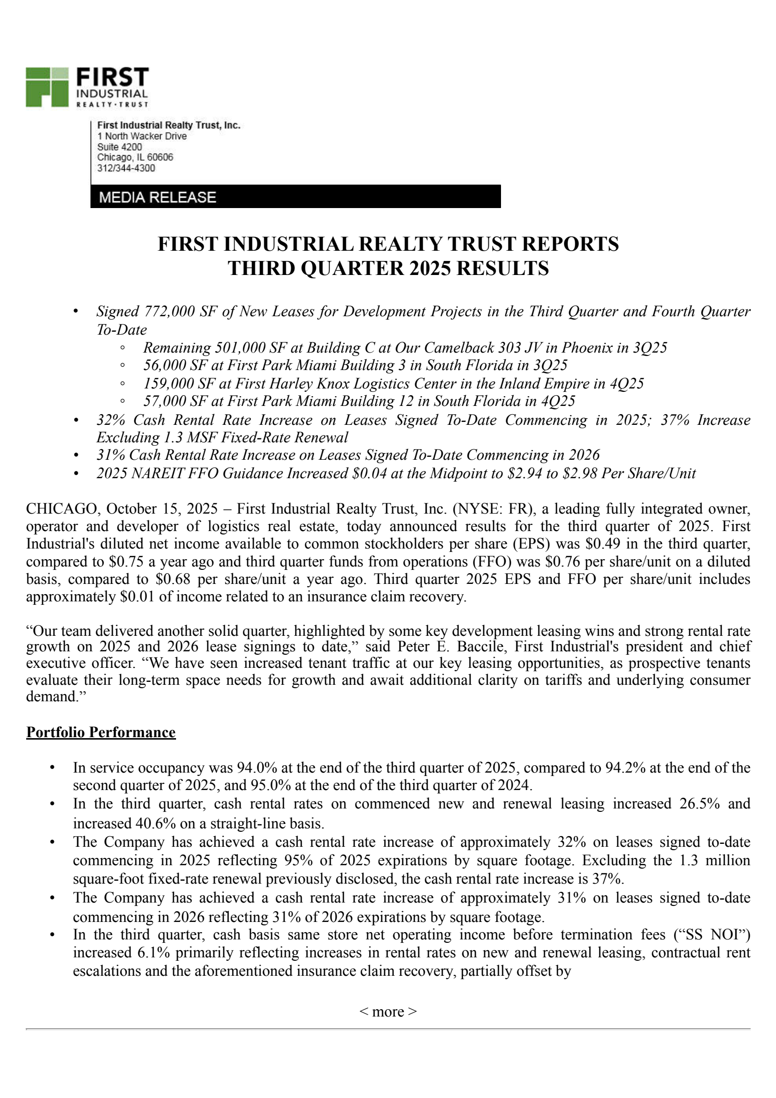 First Industrial Realty Trust's Q3 2025 Earnings Release