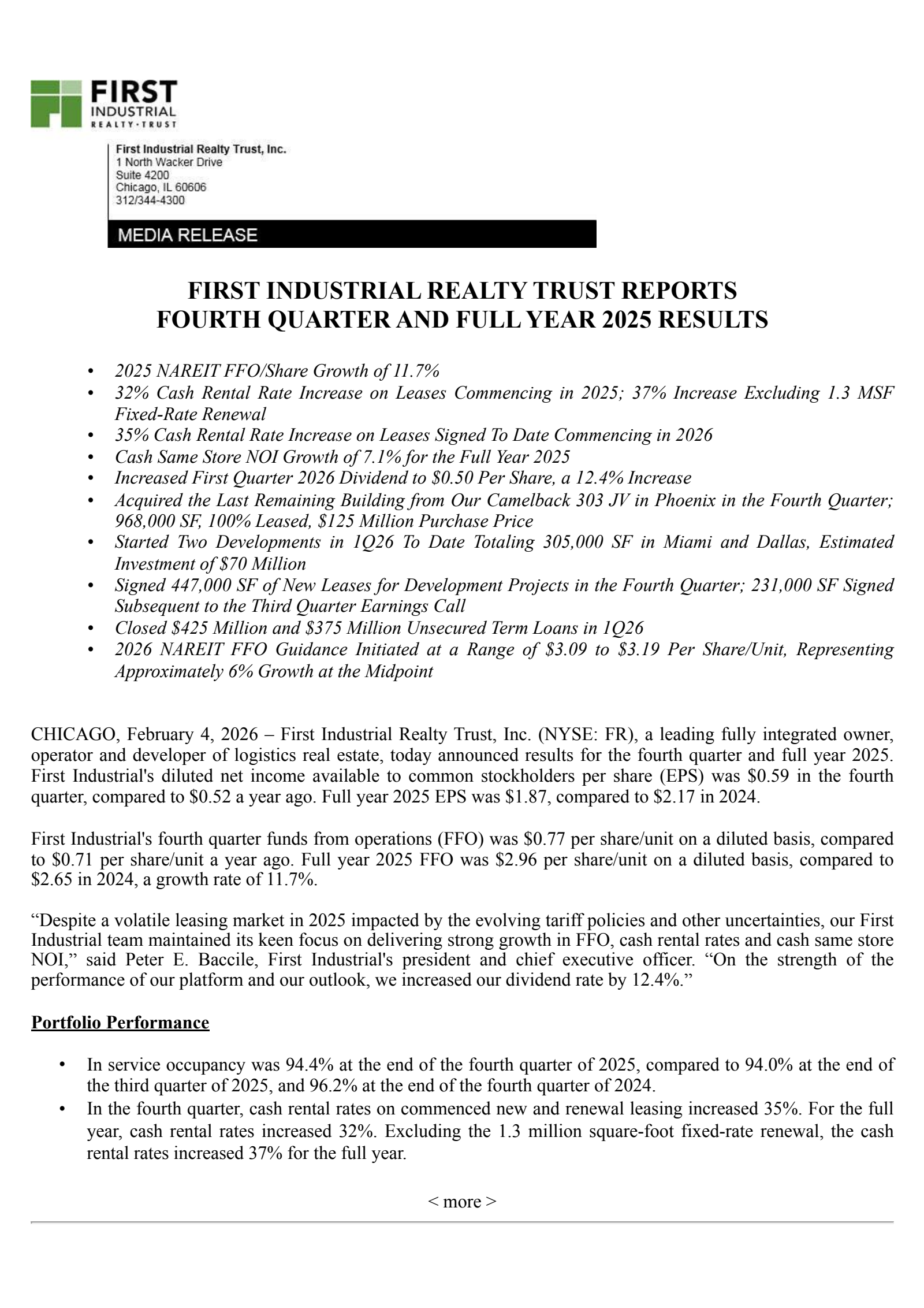 First Industrial Realty Trust's Q4 2025 Press Release