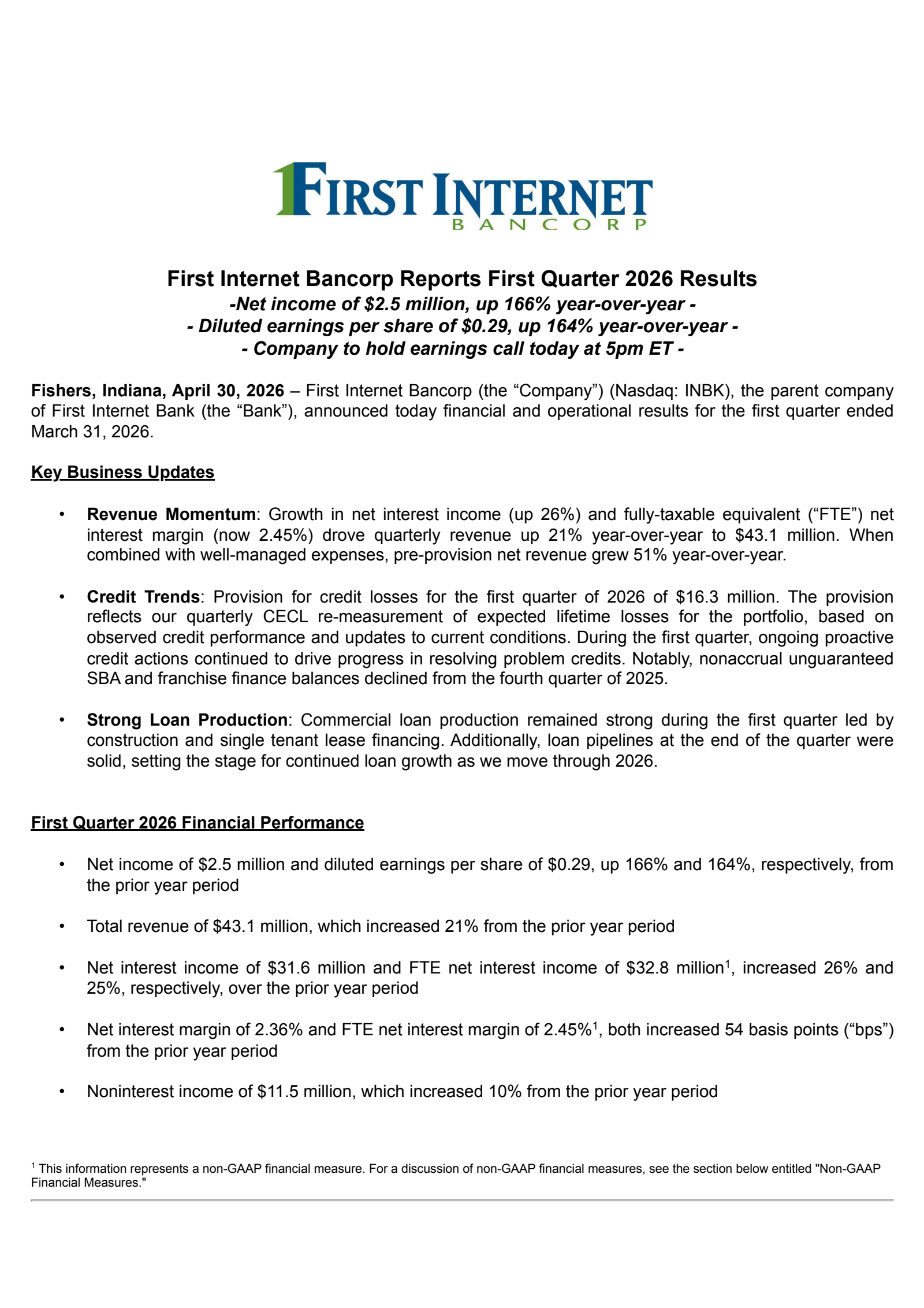 First Internet Bancorp's Q1 2026 Press Release