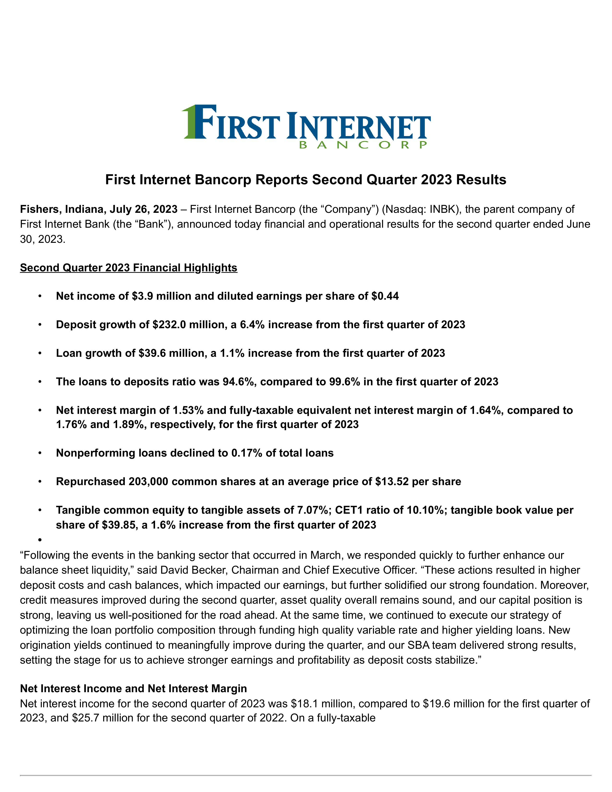 First Internet Bancorp's Q2 2023 Press Release
