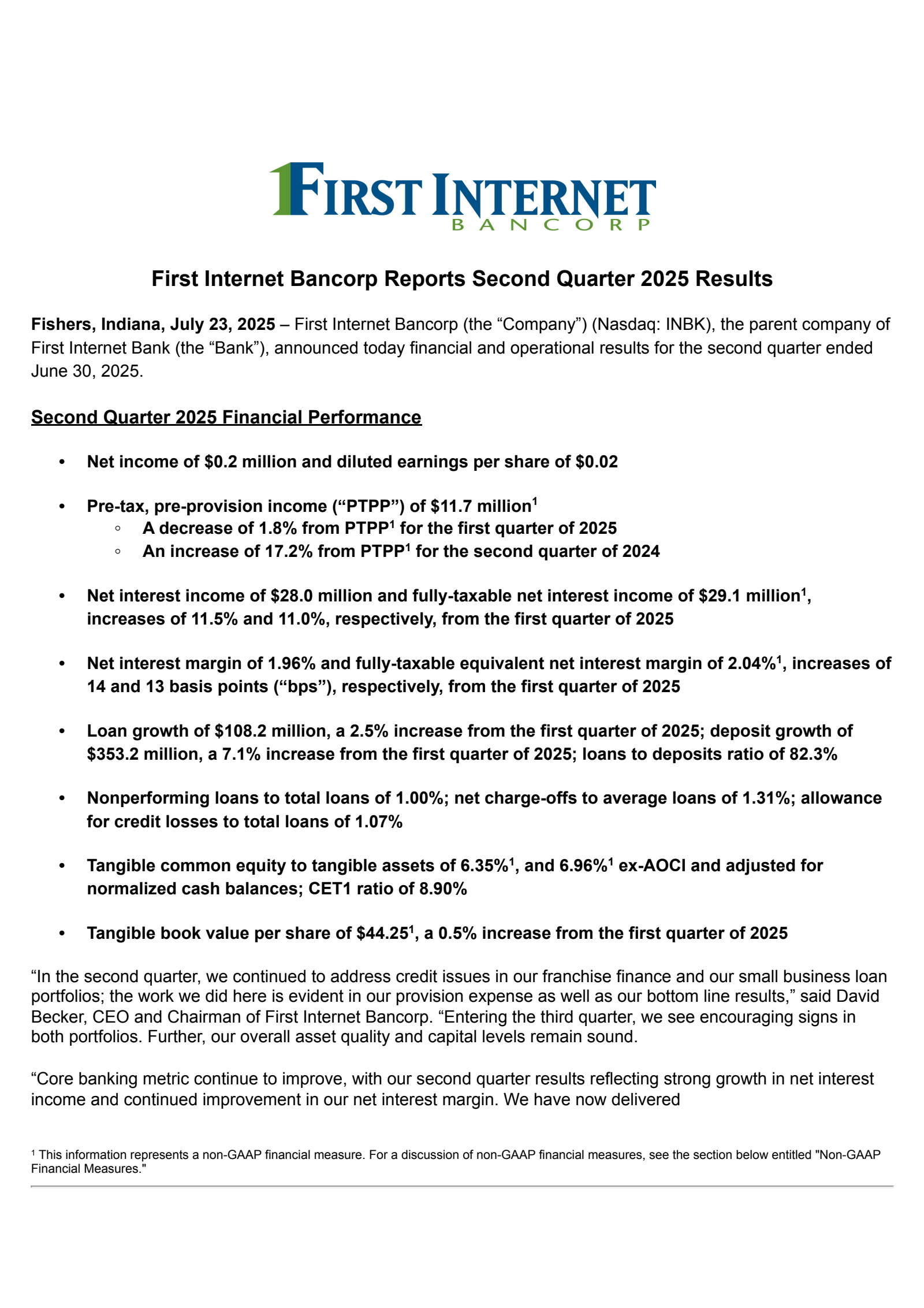 First Internet Bancorp's Q2 2025 Press Release