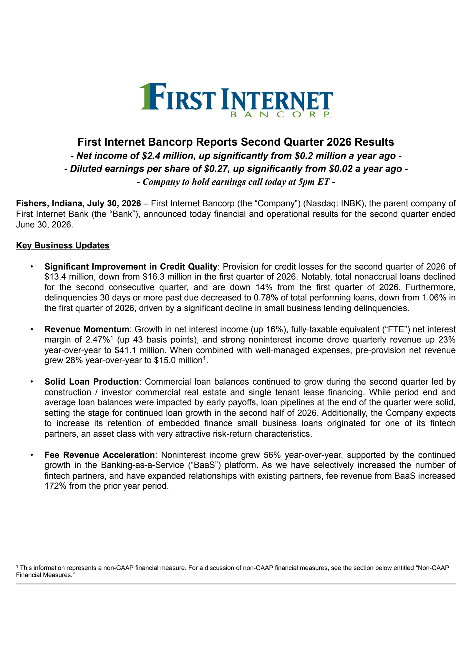 First Internet Bancorp's Q2 2026 Press Release