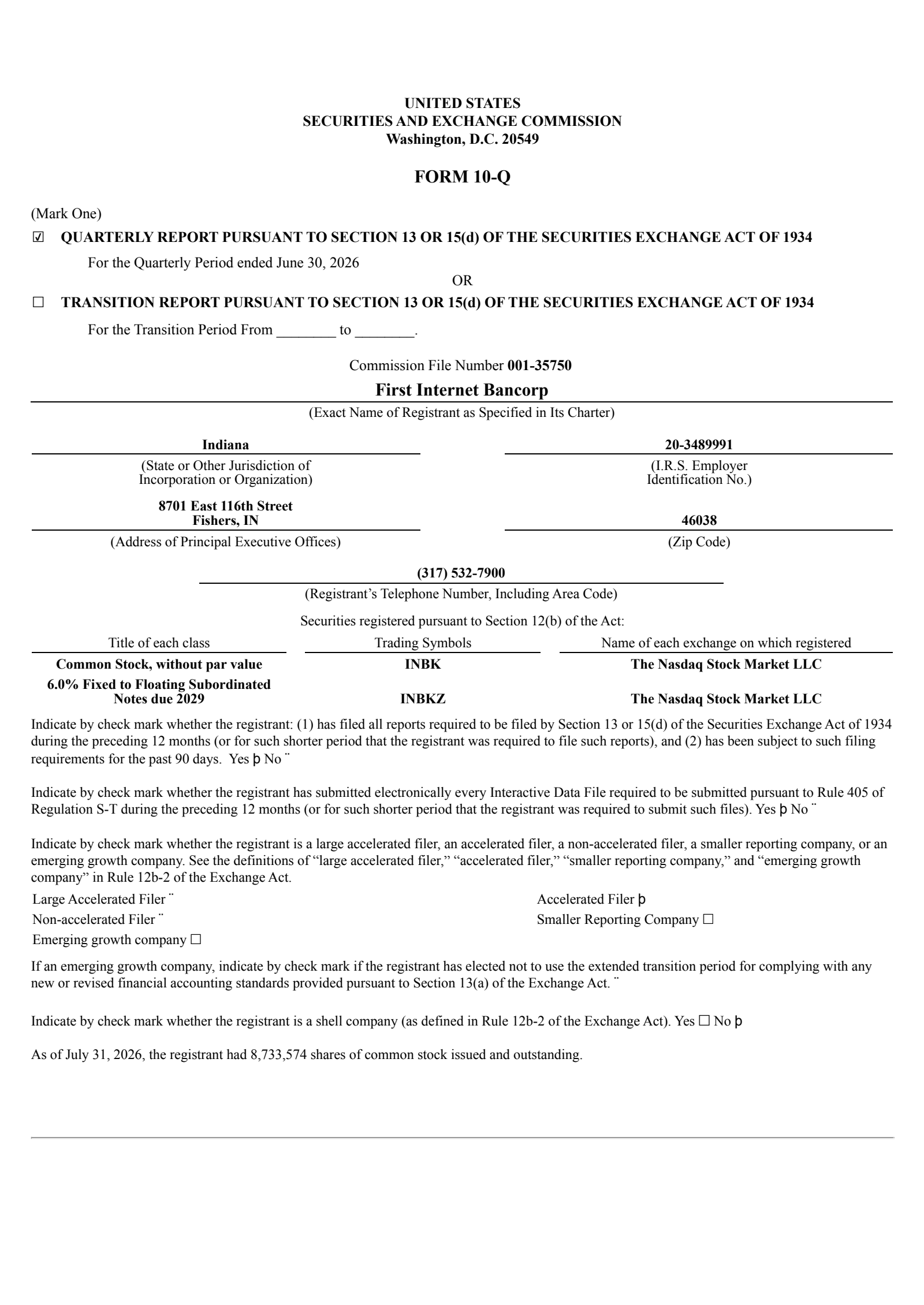 First Internet Bancorp's Q2 2026 Quarterly report