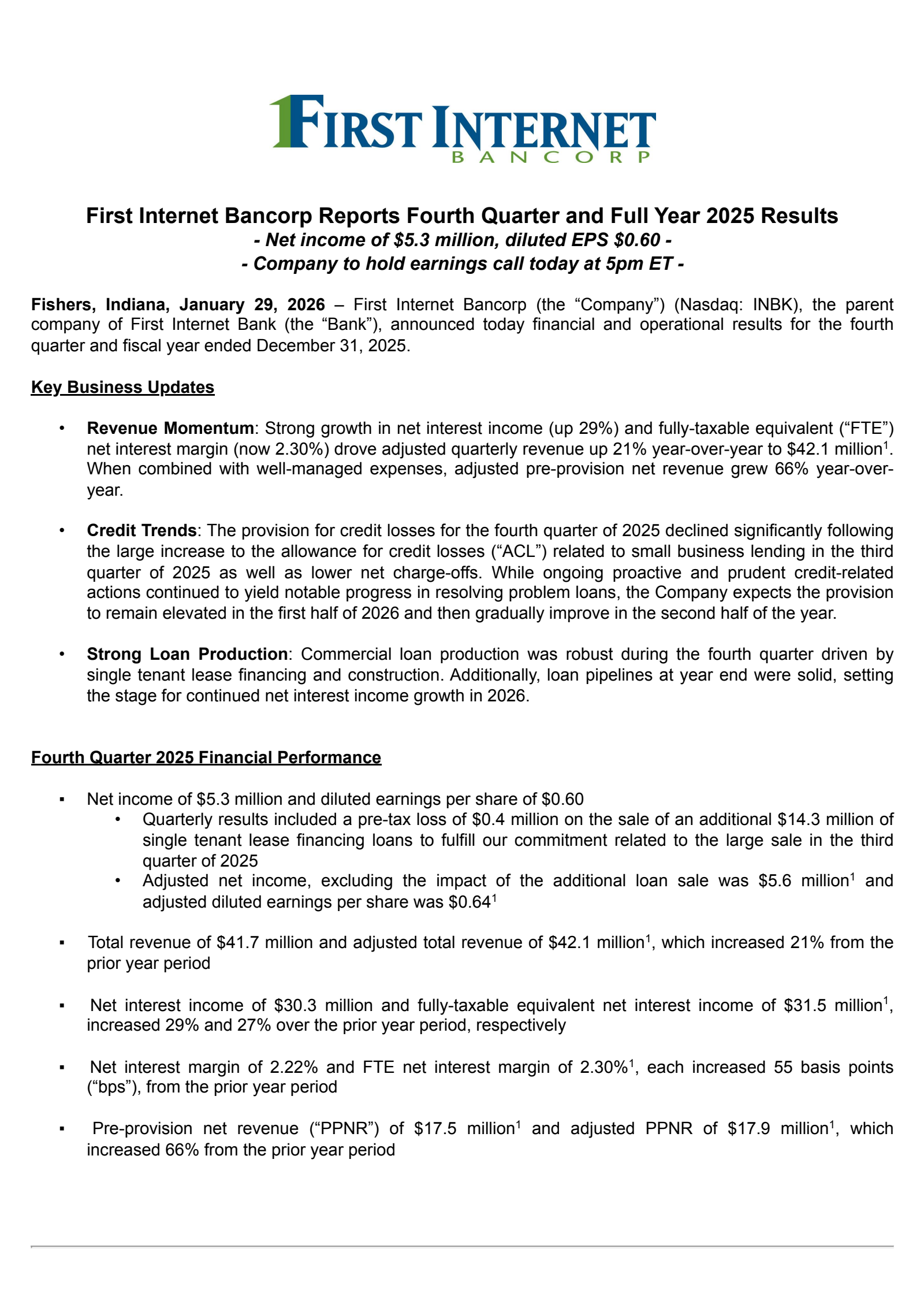 First Internet Bancorp's Q4 2025 Press Release