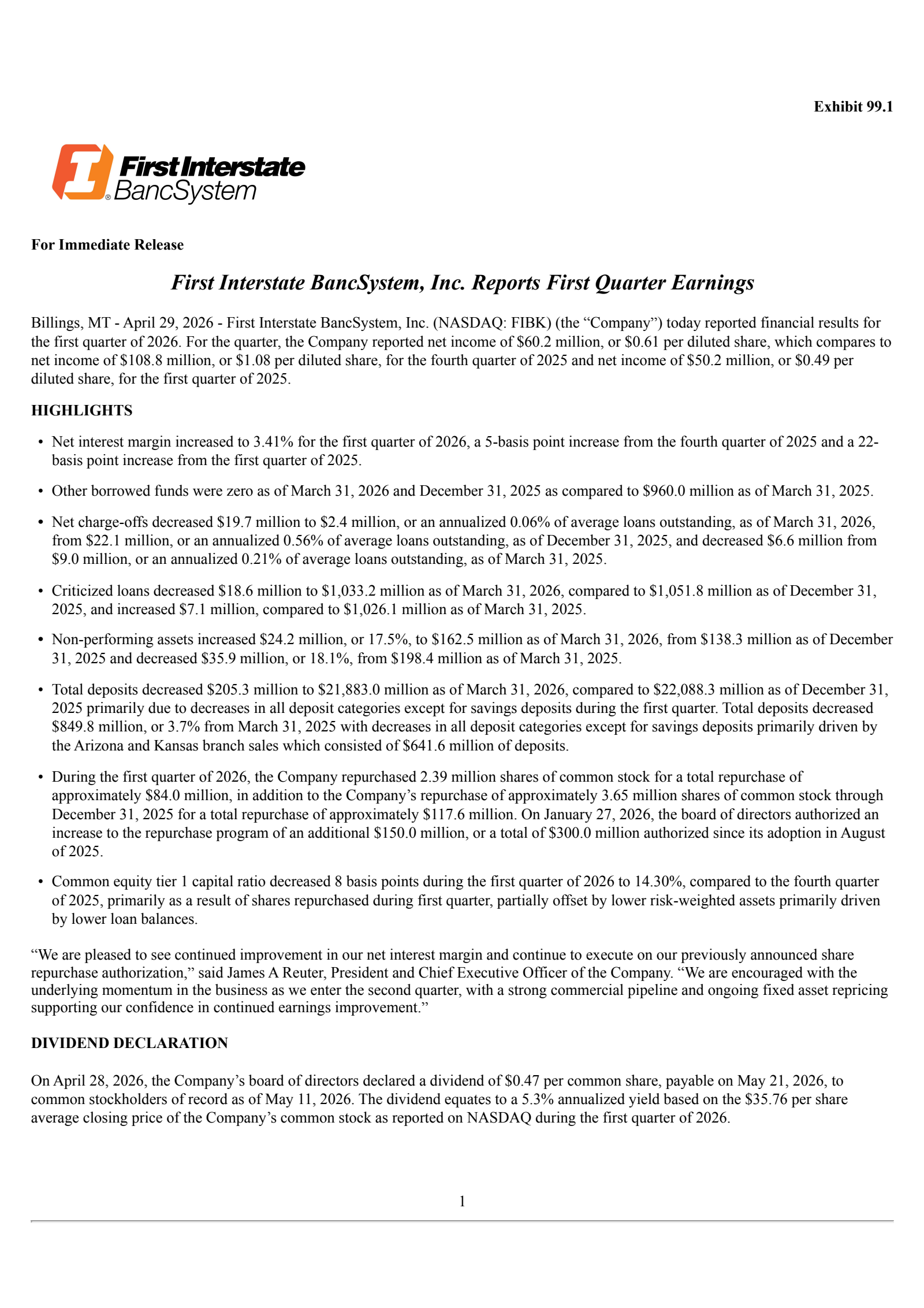 First Interstate BancSystem's Q1 2026 Press Release