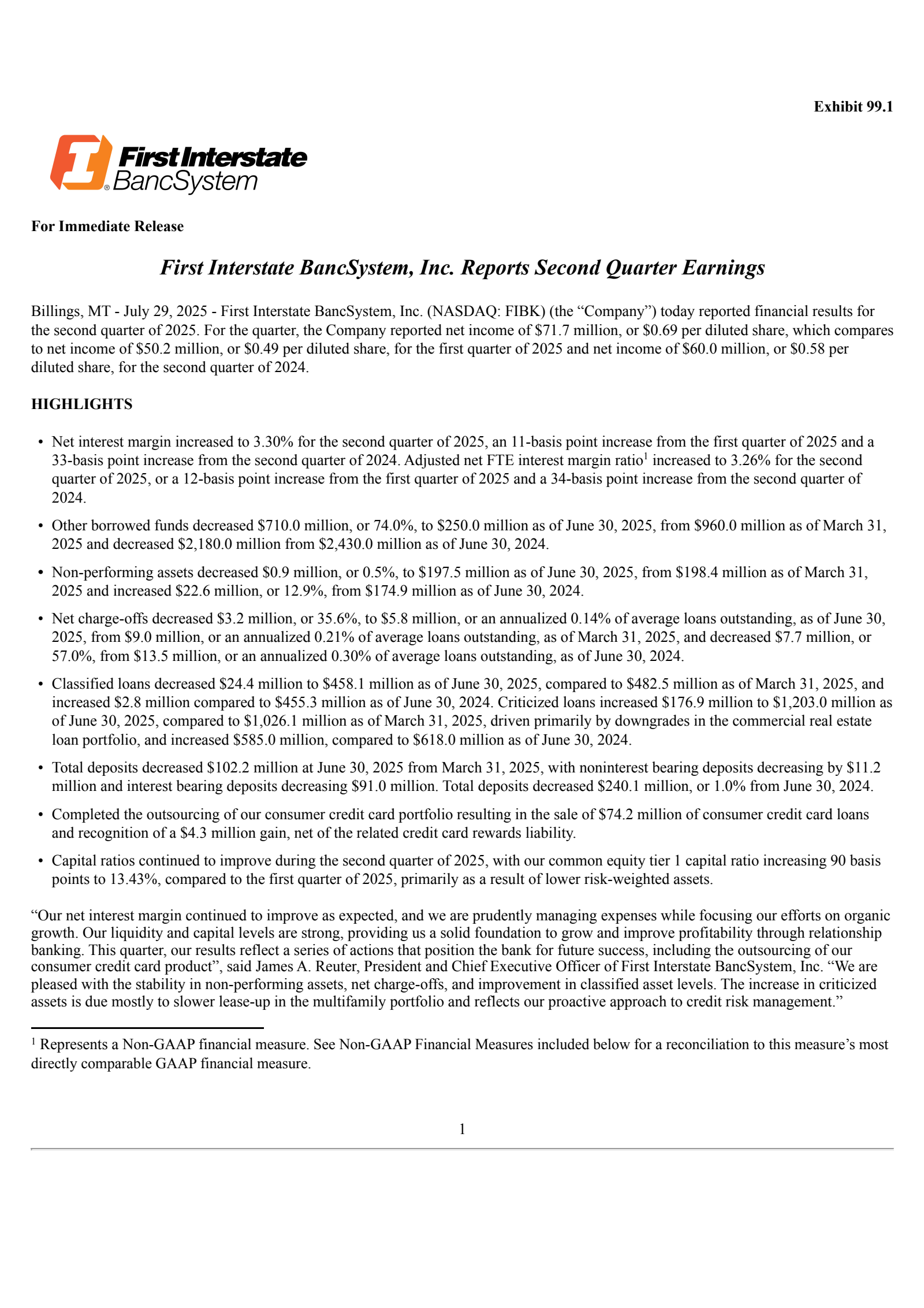 First Interstate BancSystem's Q2 2025 Press Release