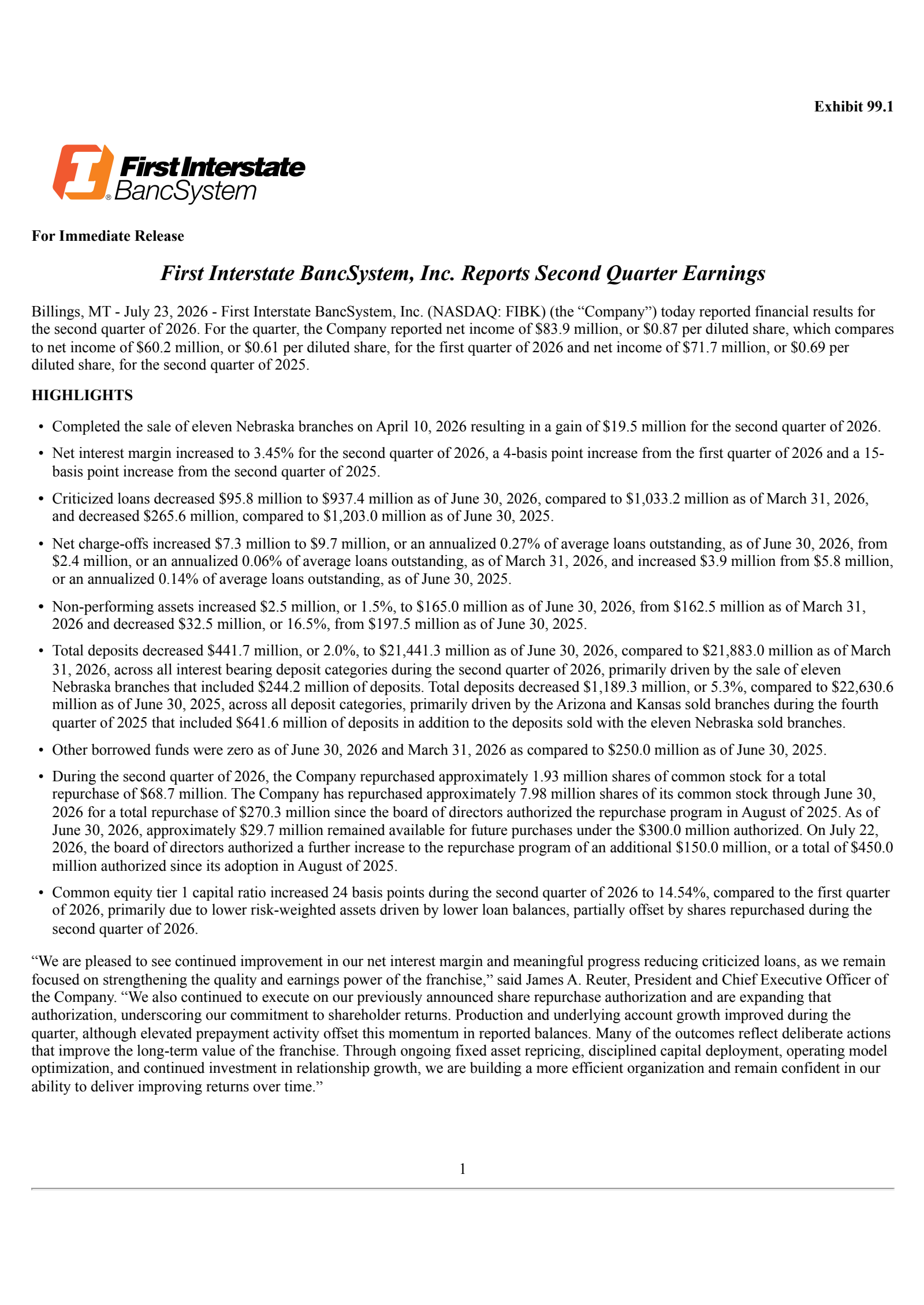 First Interstate BancSystem's Q2 2026 Press Release