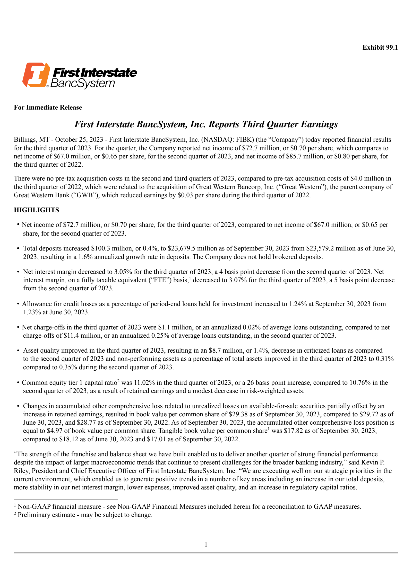 First Interstate BancSystem's Q3 2023 Press Release