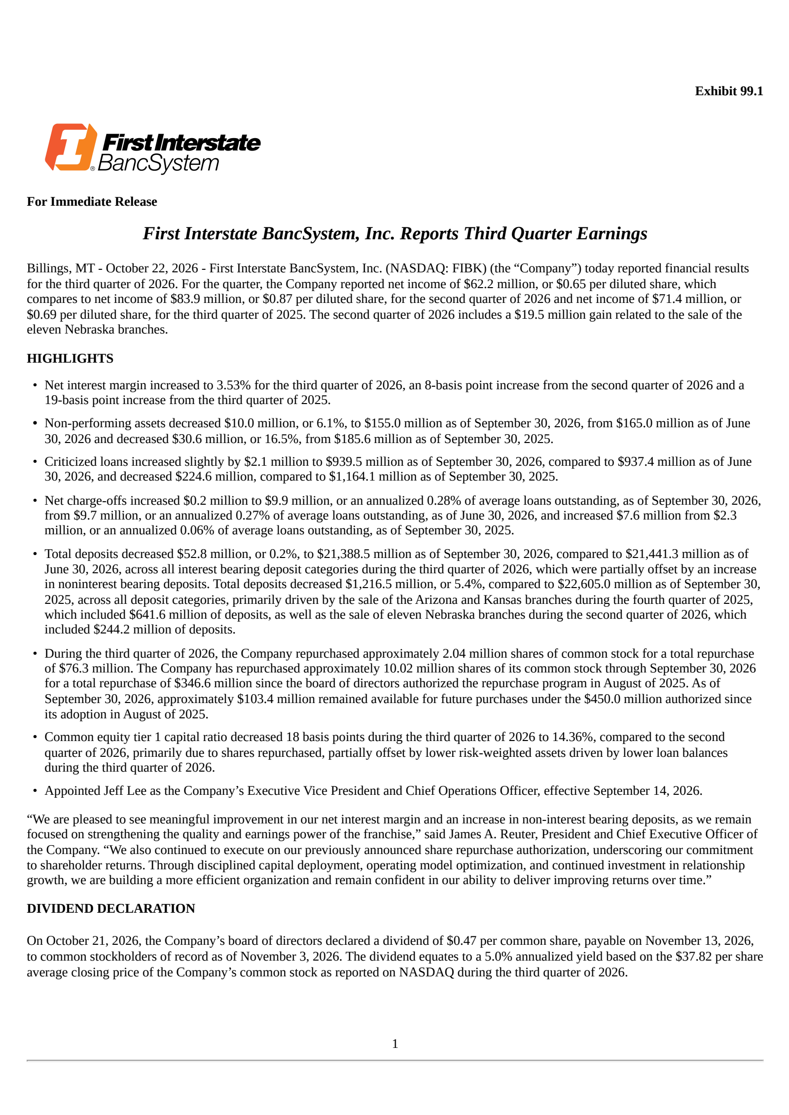 First Interstate BancSystem's Q3 2026 Press Release