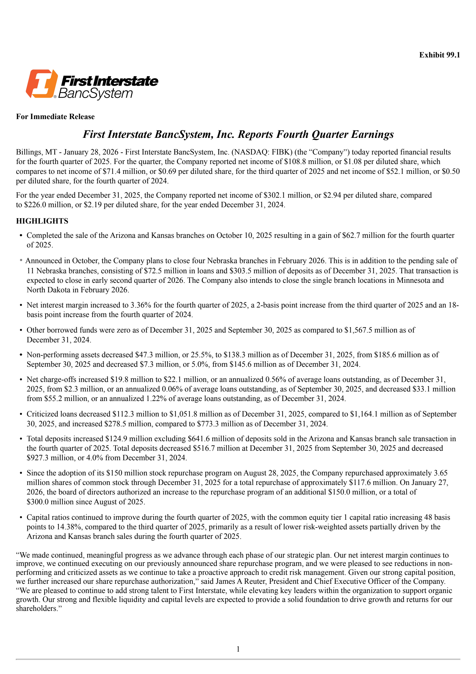 First Interstate BancSystem's Q4 2025 Press Release