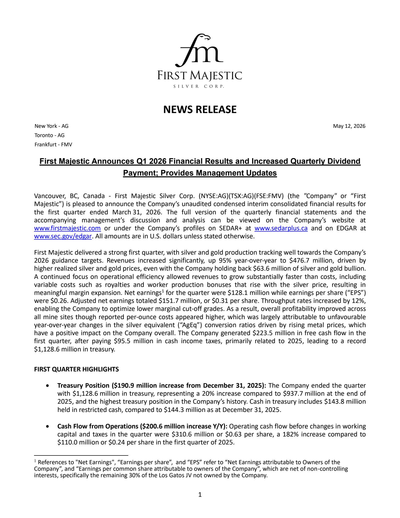 First Majestic Silver's Q1 2026 Press Release