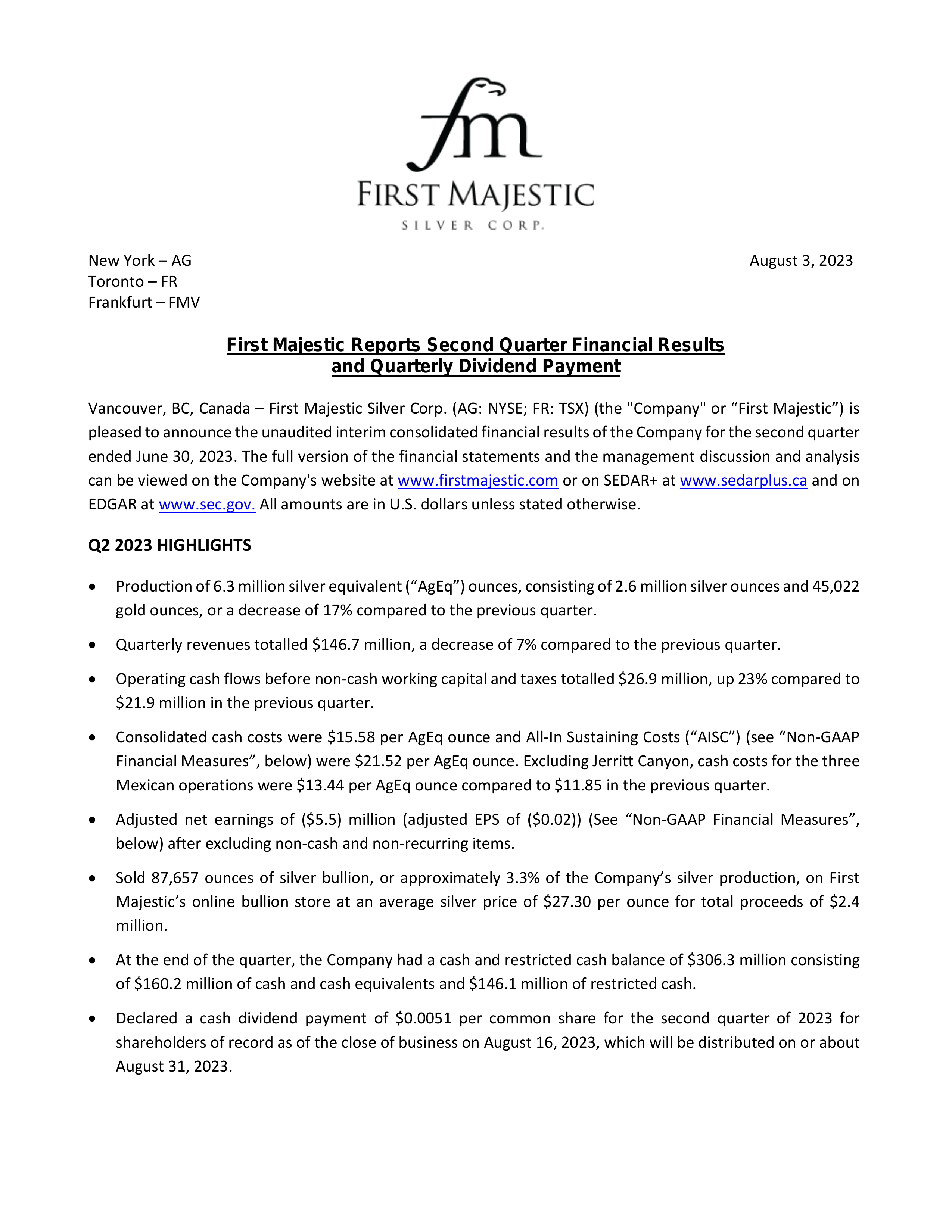 First Majestic Silver's Q2 2023 Interim report