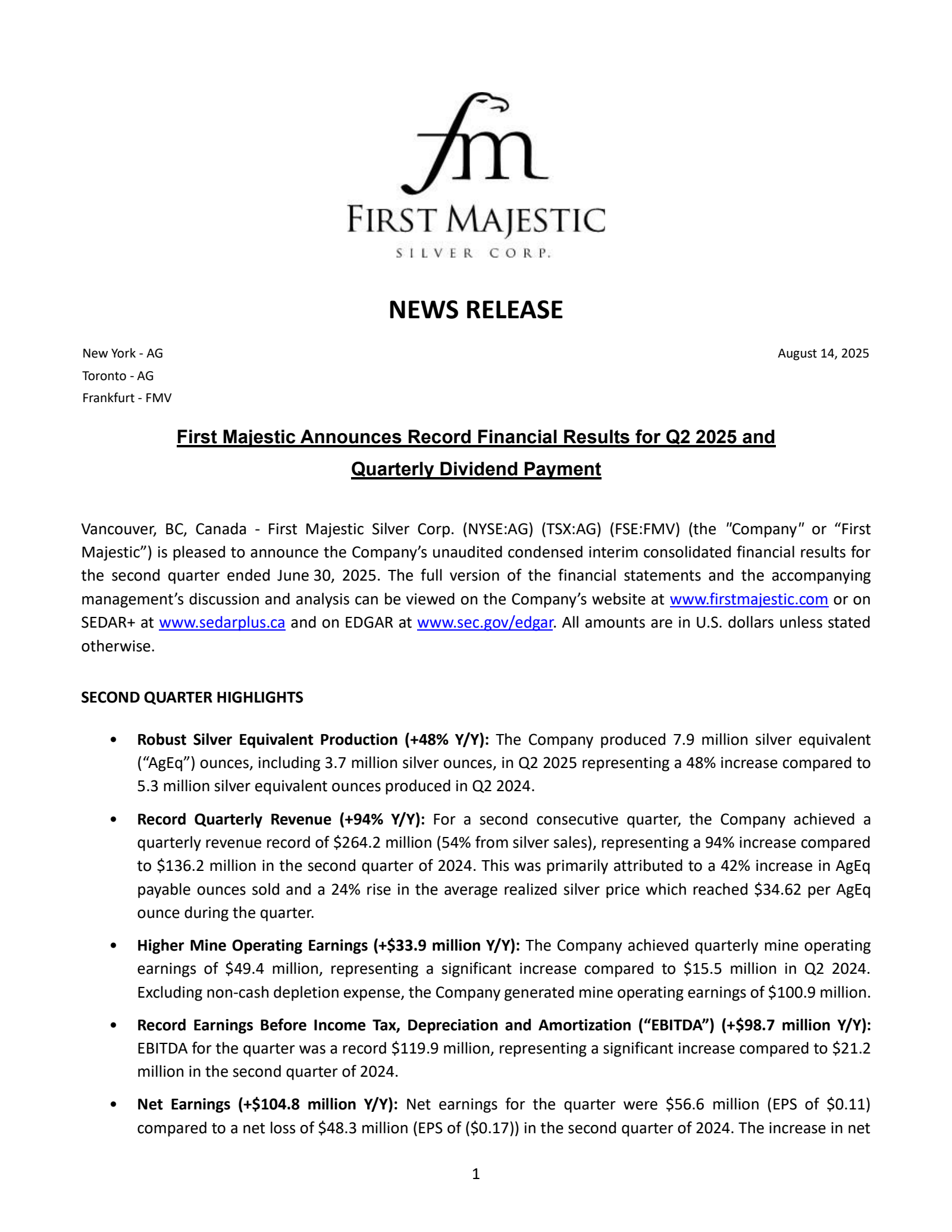 First Majestic Silver's Q2 2025 Press Release