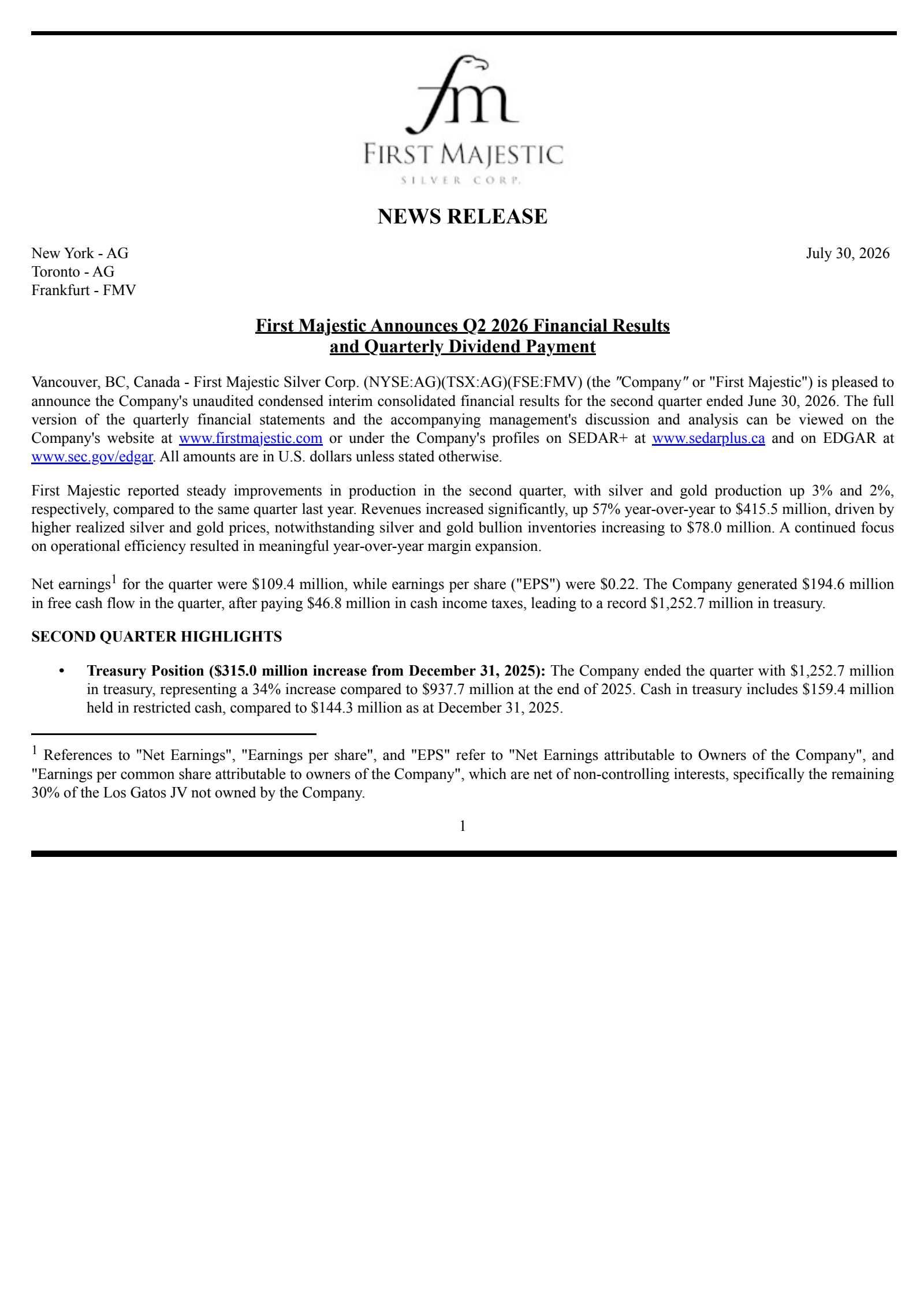 First Majestic Silver's Q2 2026 Press Release