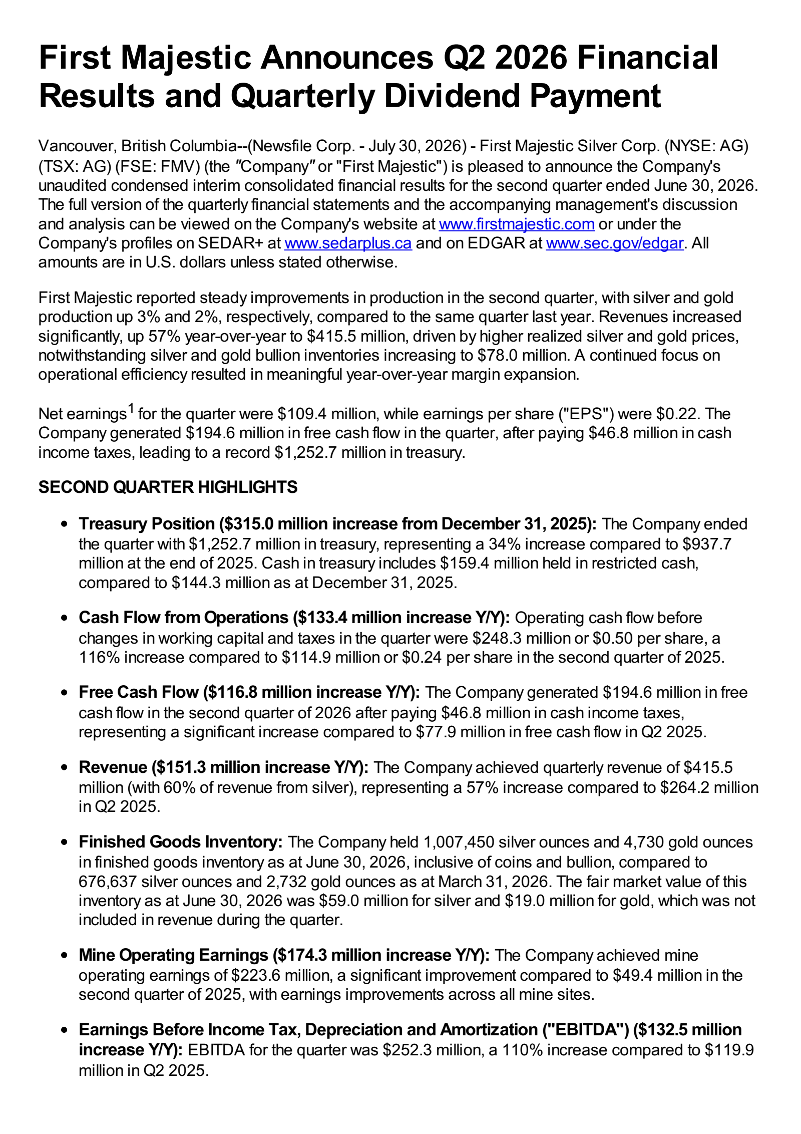 First Majestic Silver's Q2 2026 Press Release