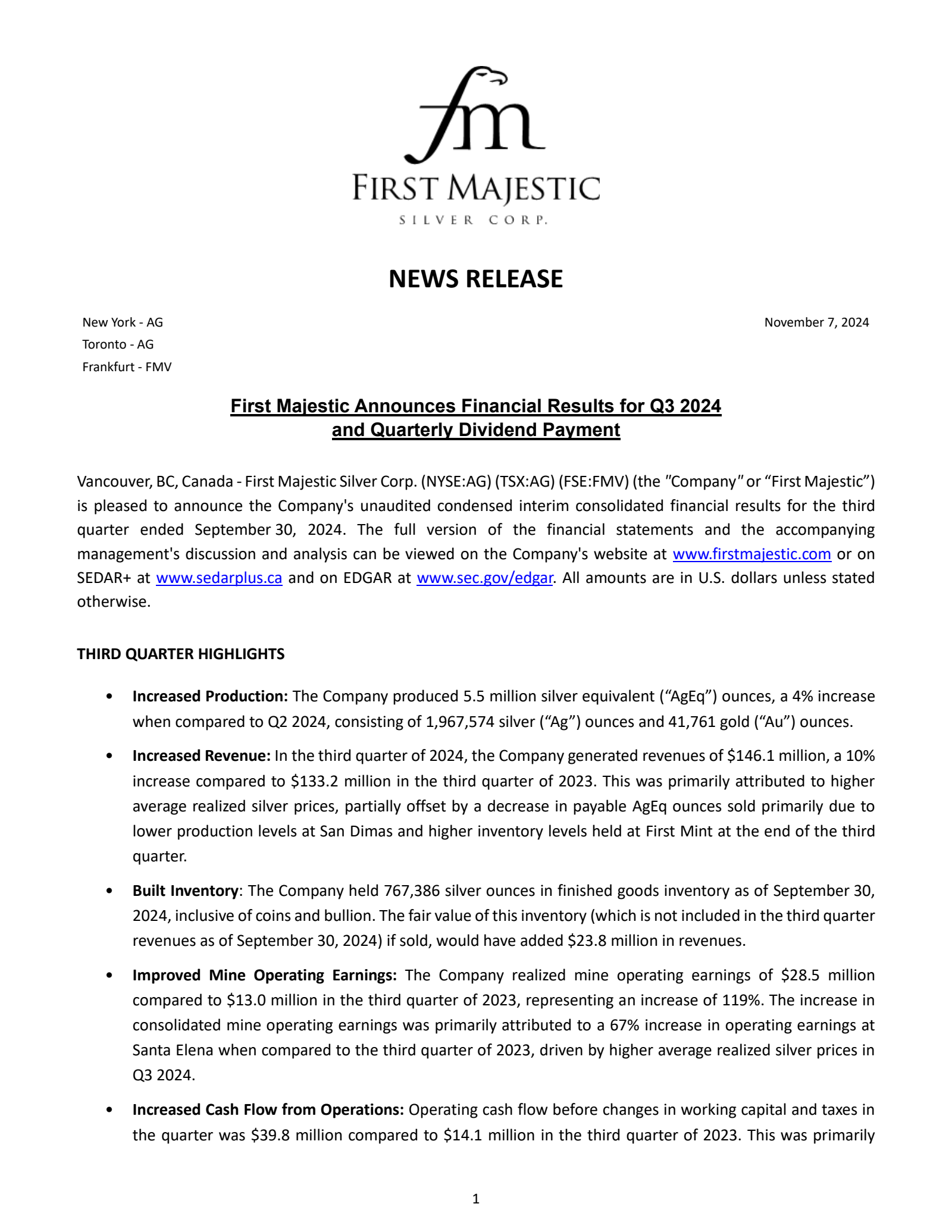 First Majestic Silver's Q3 2024 Press Release