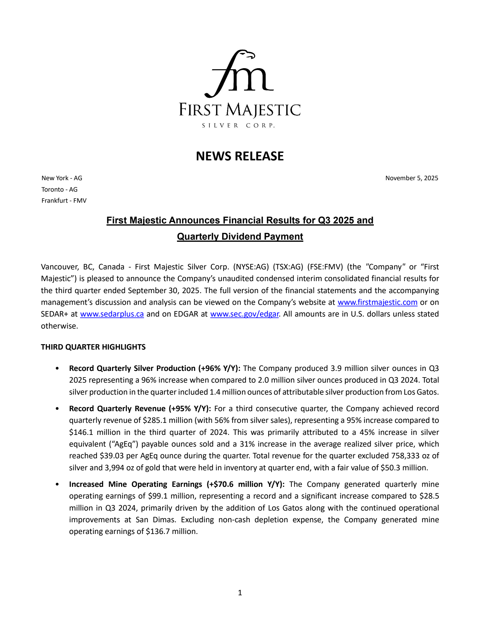 First Majestic Silver's Q3 2025 Earnings Release