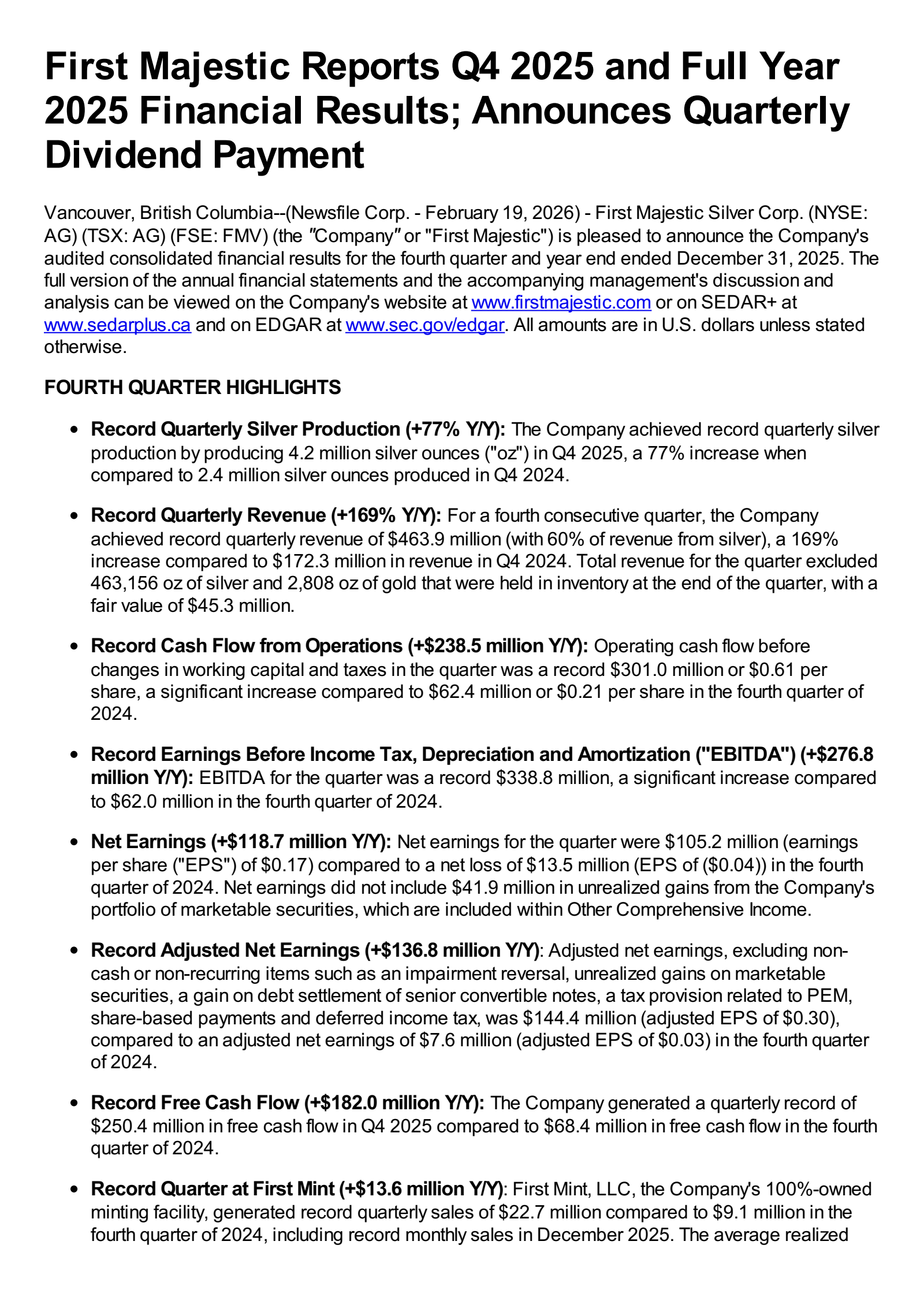 First Majestic Silver's Q4 2025 Press Release