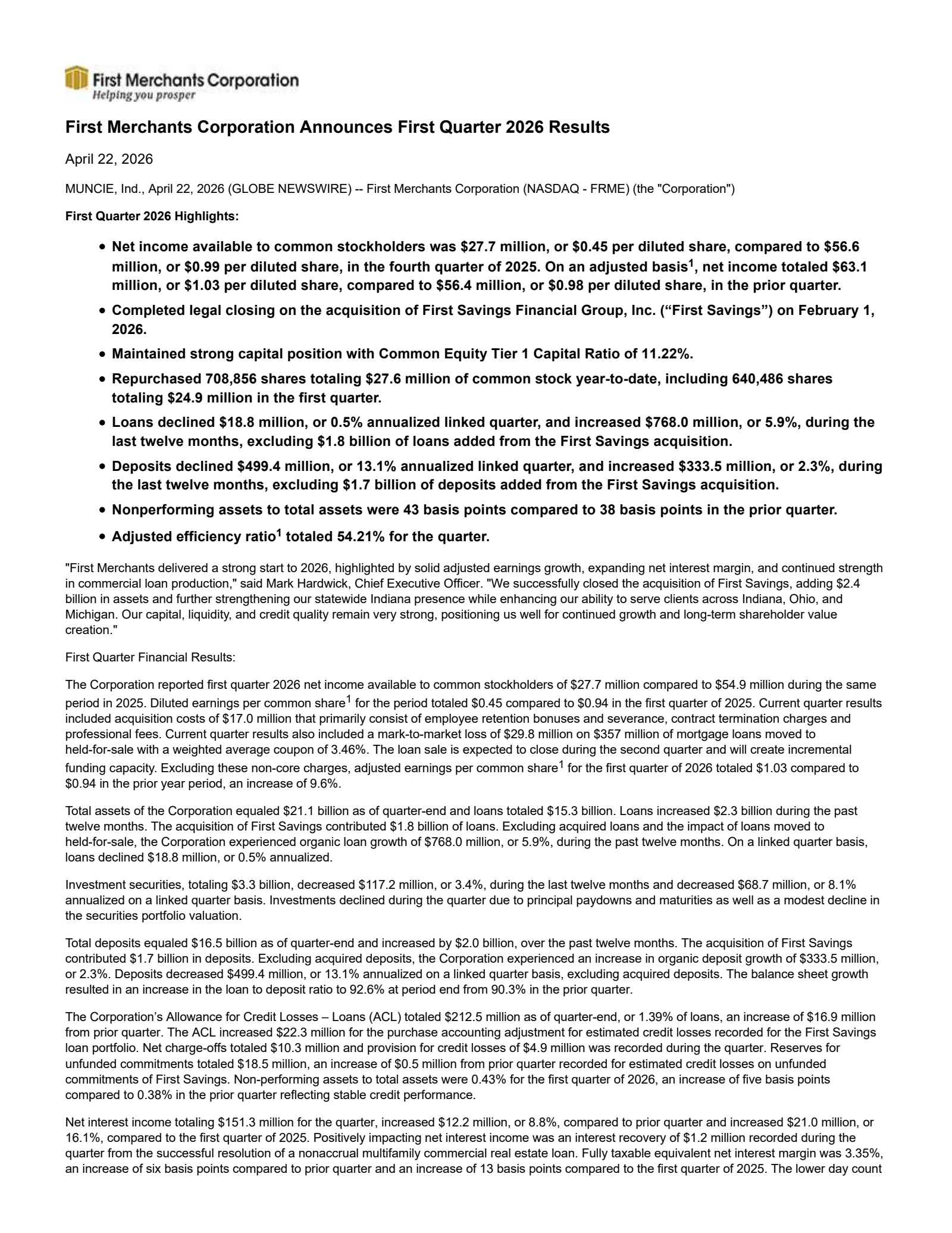 First Merchants' Q1 2026 Press Release