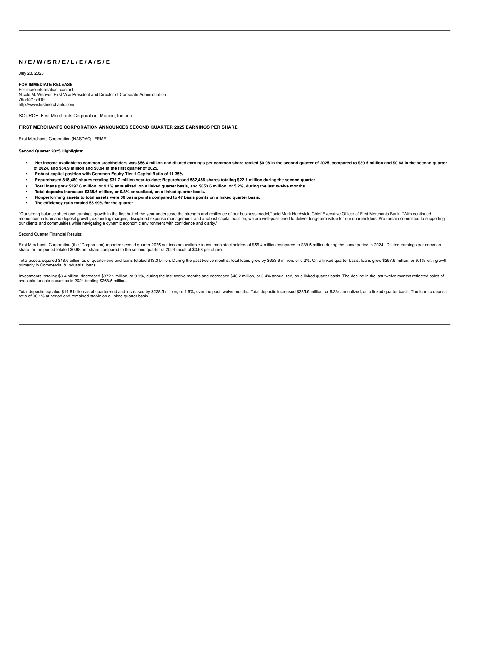 First Merchants' Q2 2025 Press Release